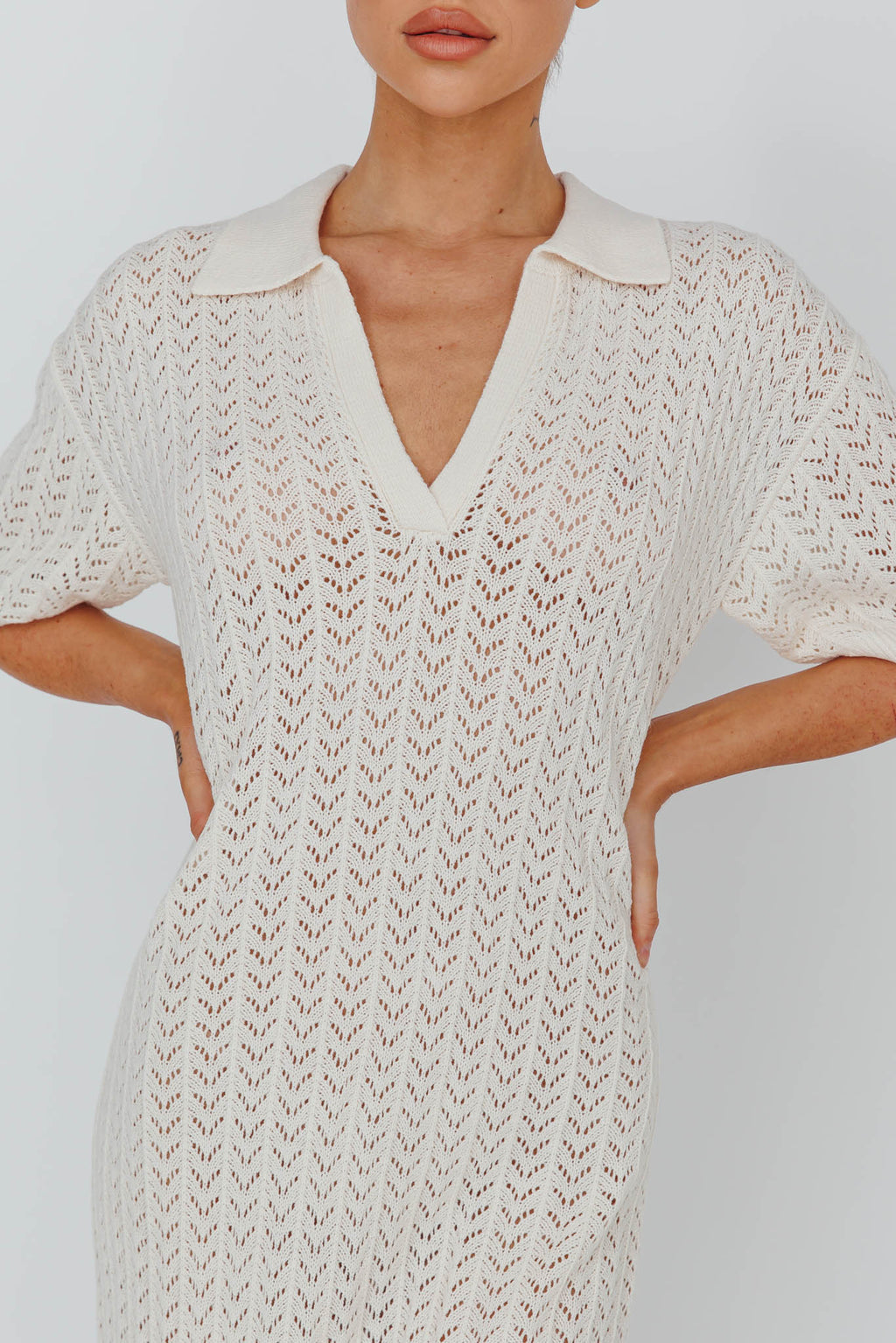 crochet fringe dress HATCH Collection The Elodie Crochet Dress in Vanilla with Black Trim main image 0