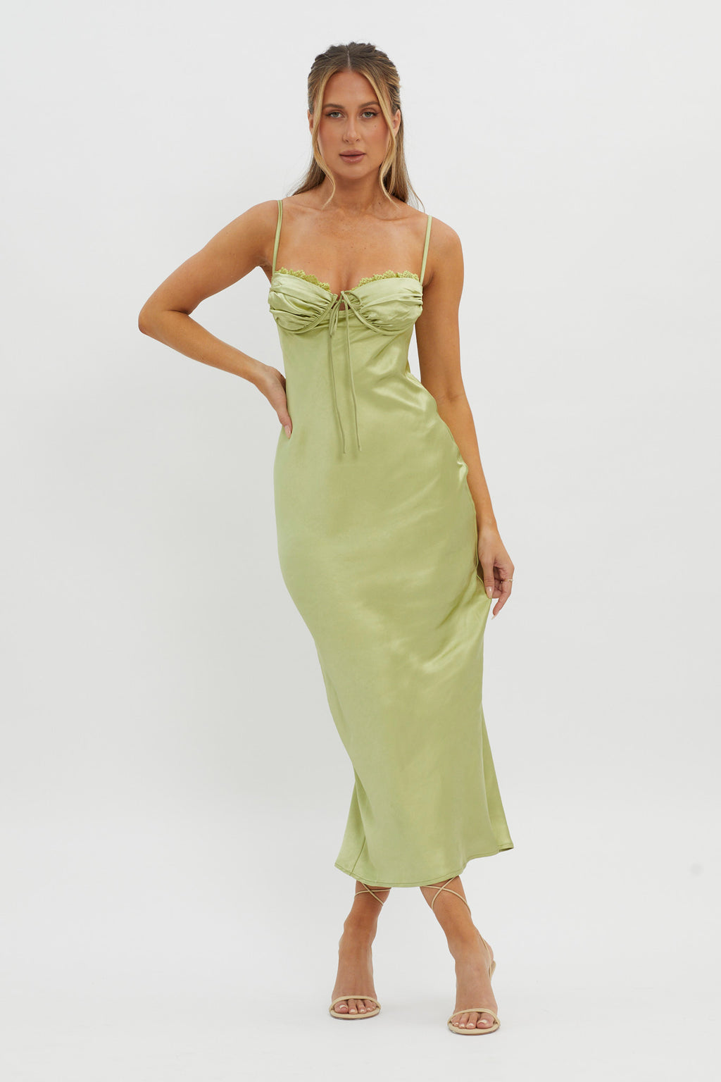 Fortune Lace Trim Bust Tie Midi Dress Lime by Selfie Leslie