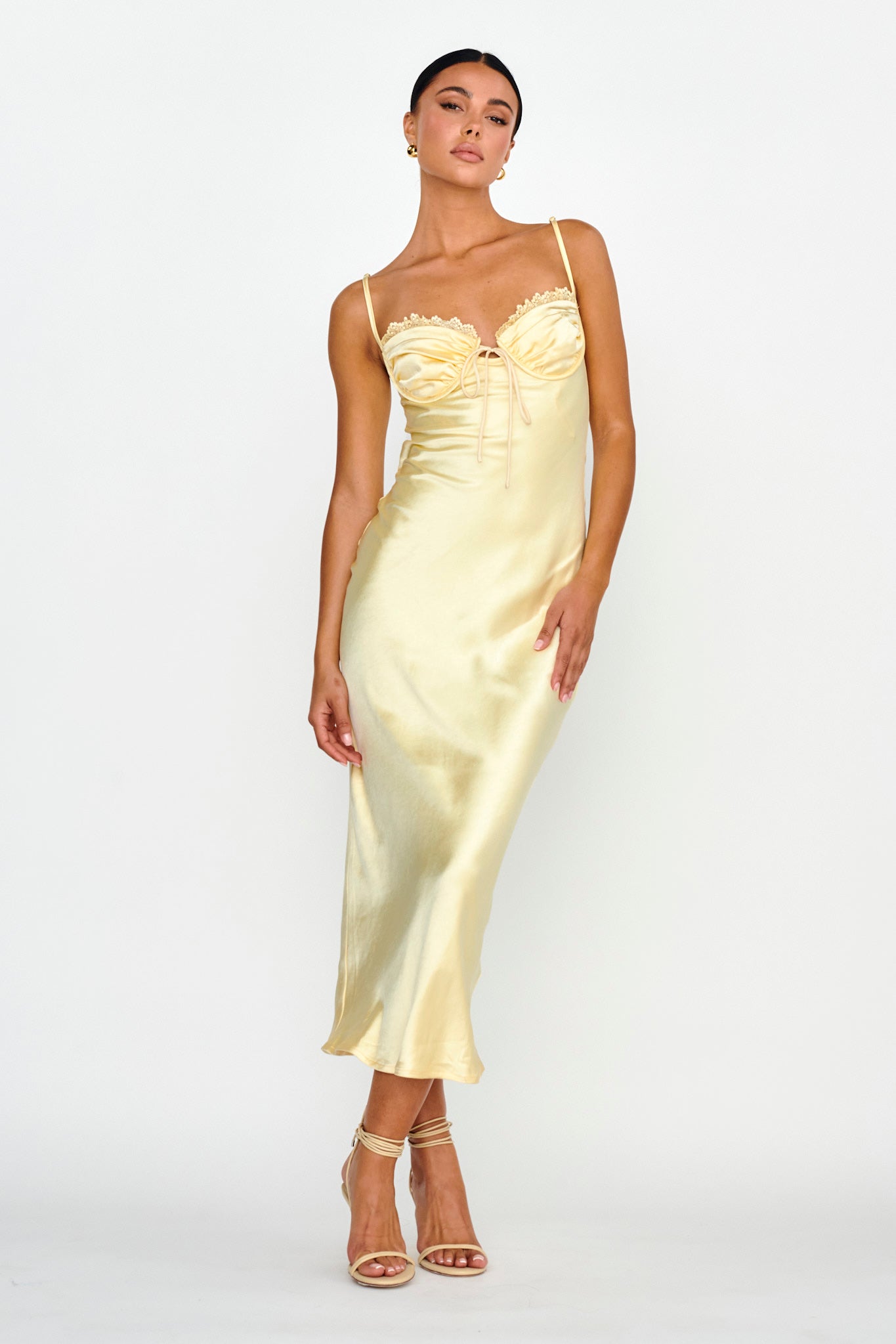 Fortune Lace Trim Bust Tie Midi Dress Butter by Selfie Leslie
