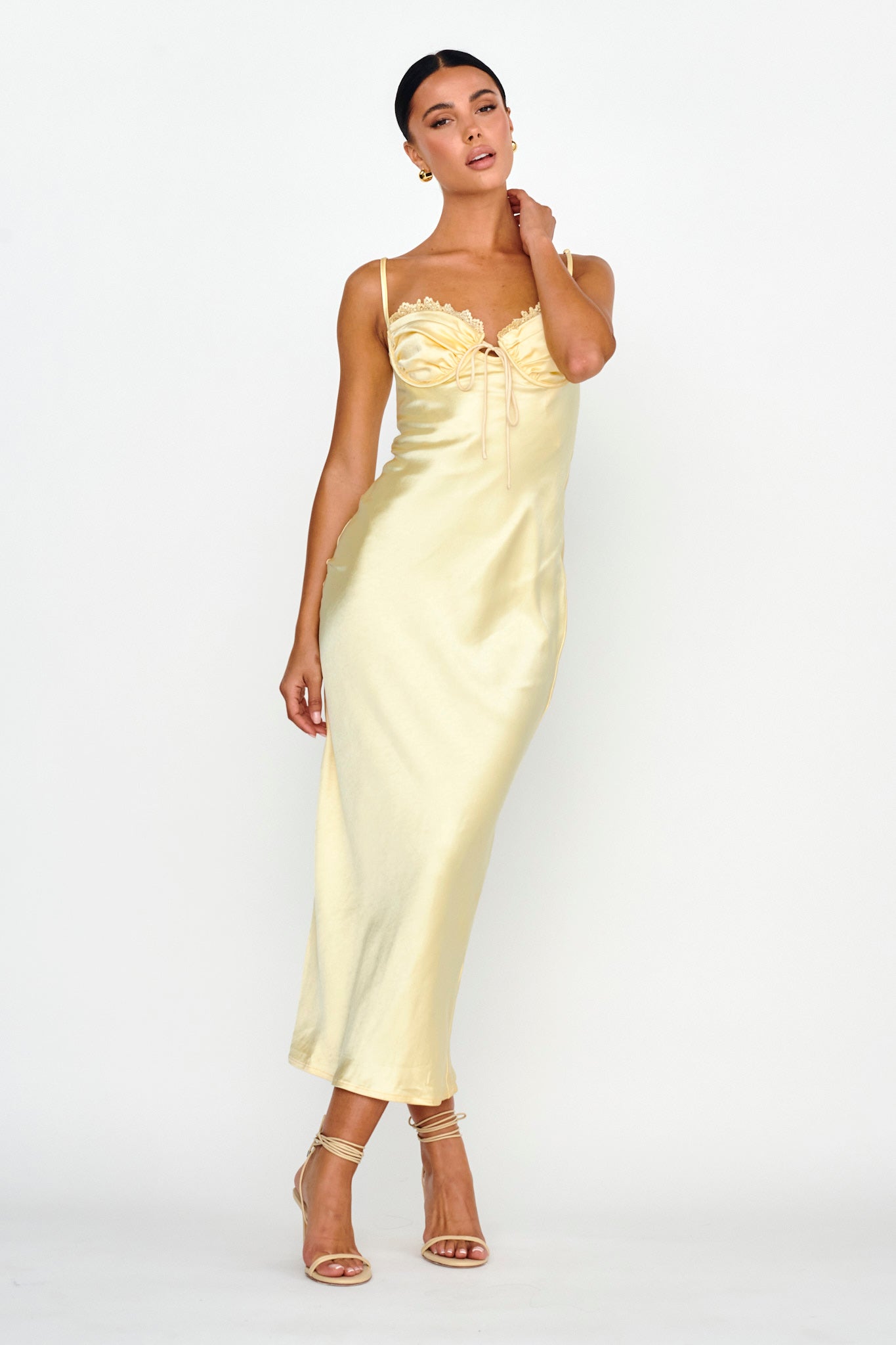 Fortune Lace Trim Bust Tie Midi Dress Butter by Selfie Leslie