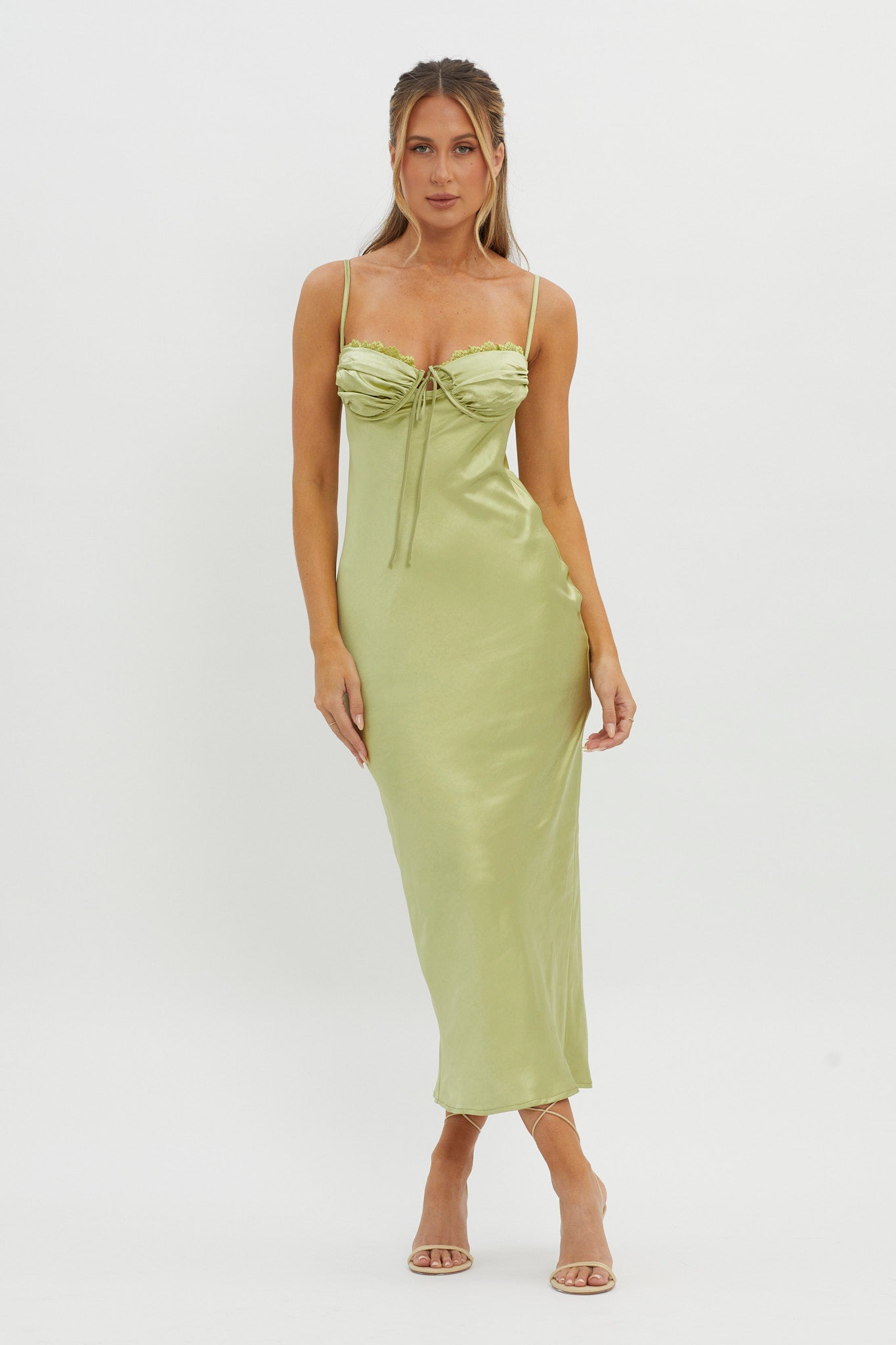 Shop the Fortune Lace Trim Bust Tie Midi Dress Lime