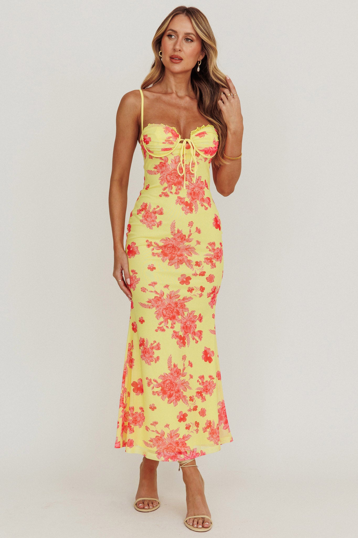 Fortune Mesh Floral Midi Dress Pink/Yellow by Selfie Leslie