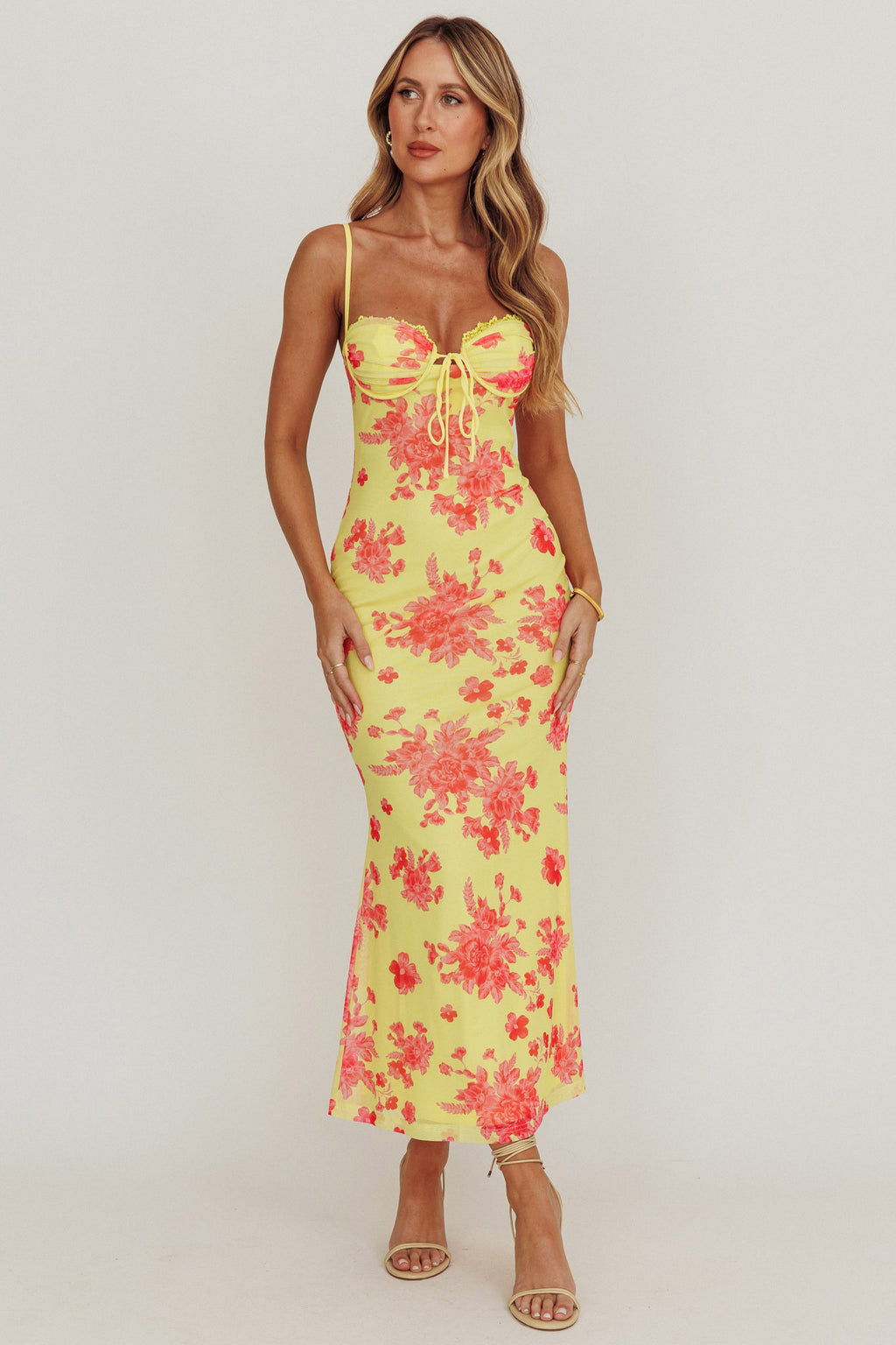 Fortune Mesh Floral Midi Dress Pink/Yellow by Selfie Leslie