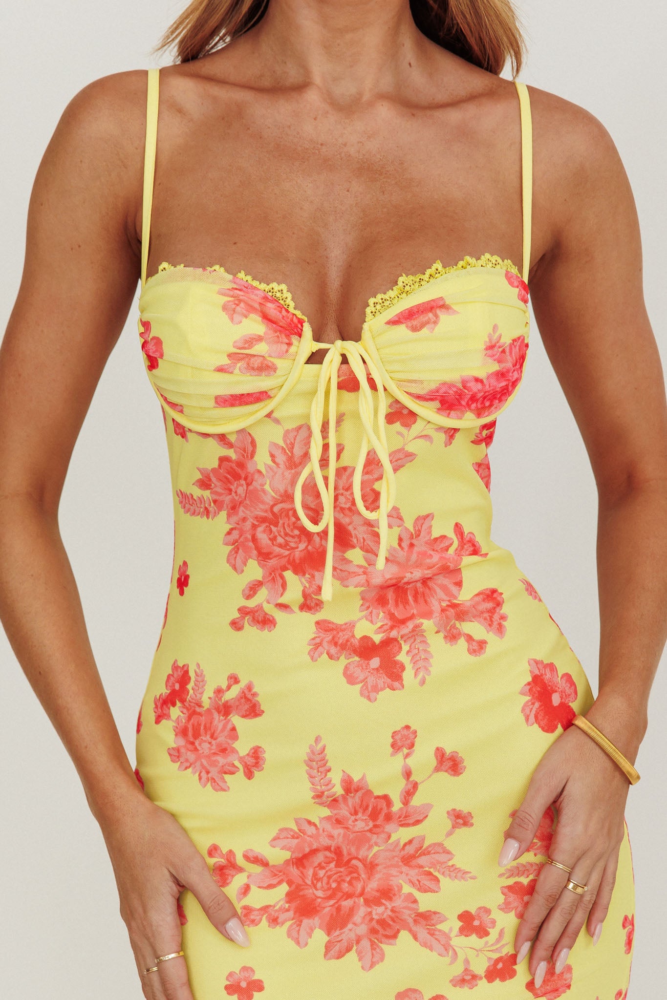Fortune Mesh Floral Midi Dress Pink/Yellow by Selfie Leslie