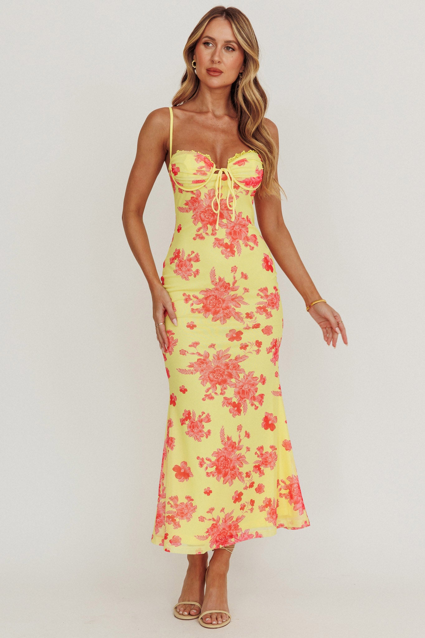 Fortune Mesh Floral Midi Dress Pink/Yellow by Selfie Leslie