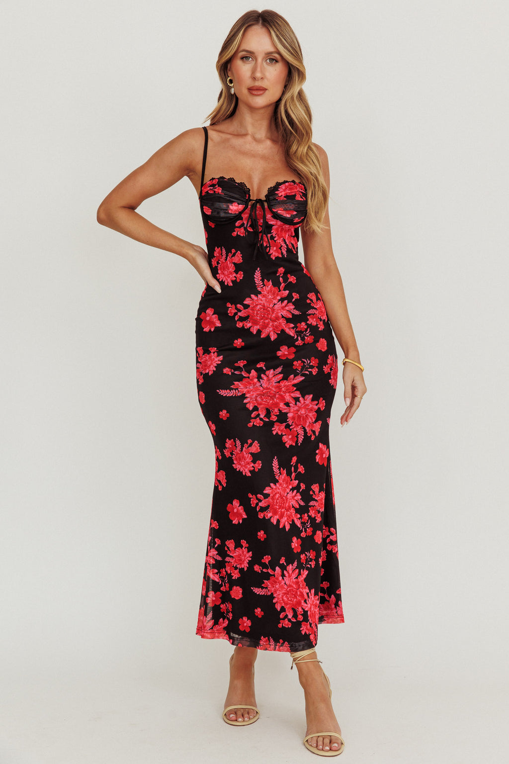 Fortune Lace Trim Mesh Midi Dress Black by Selfie Leslie