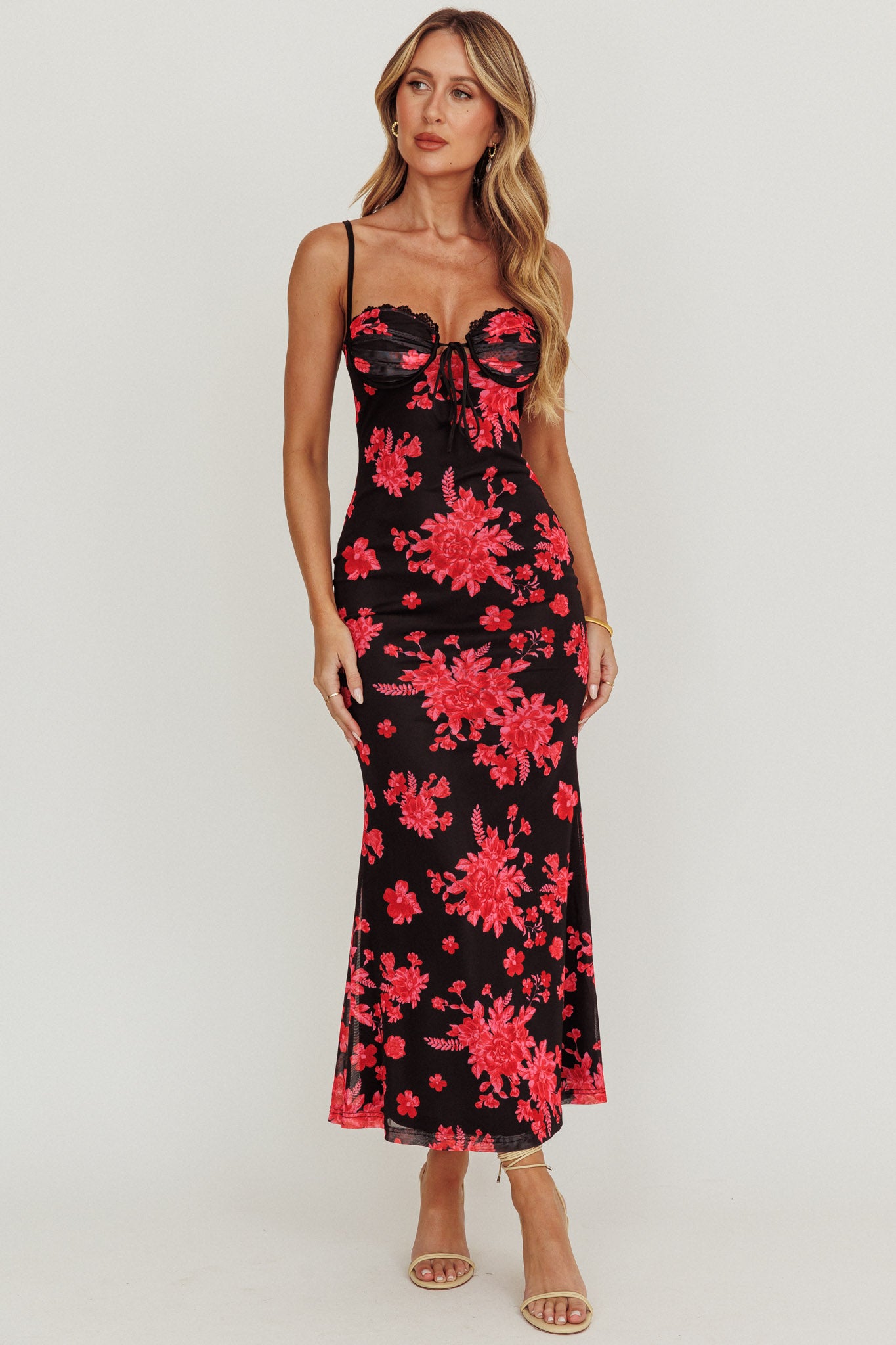Fortune Lace Trim Mesh Midi Dress Black by Selfie Leslie