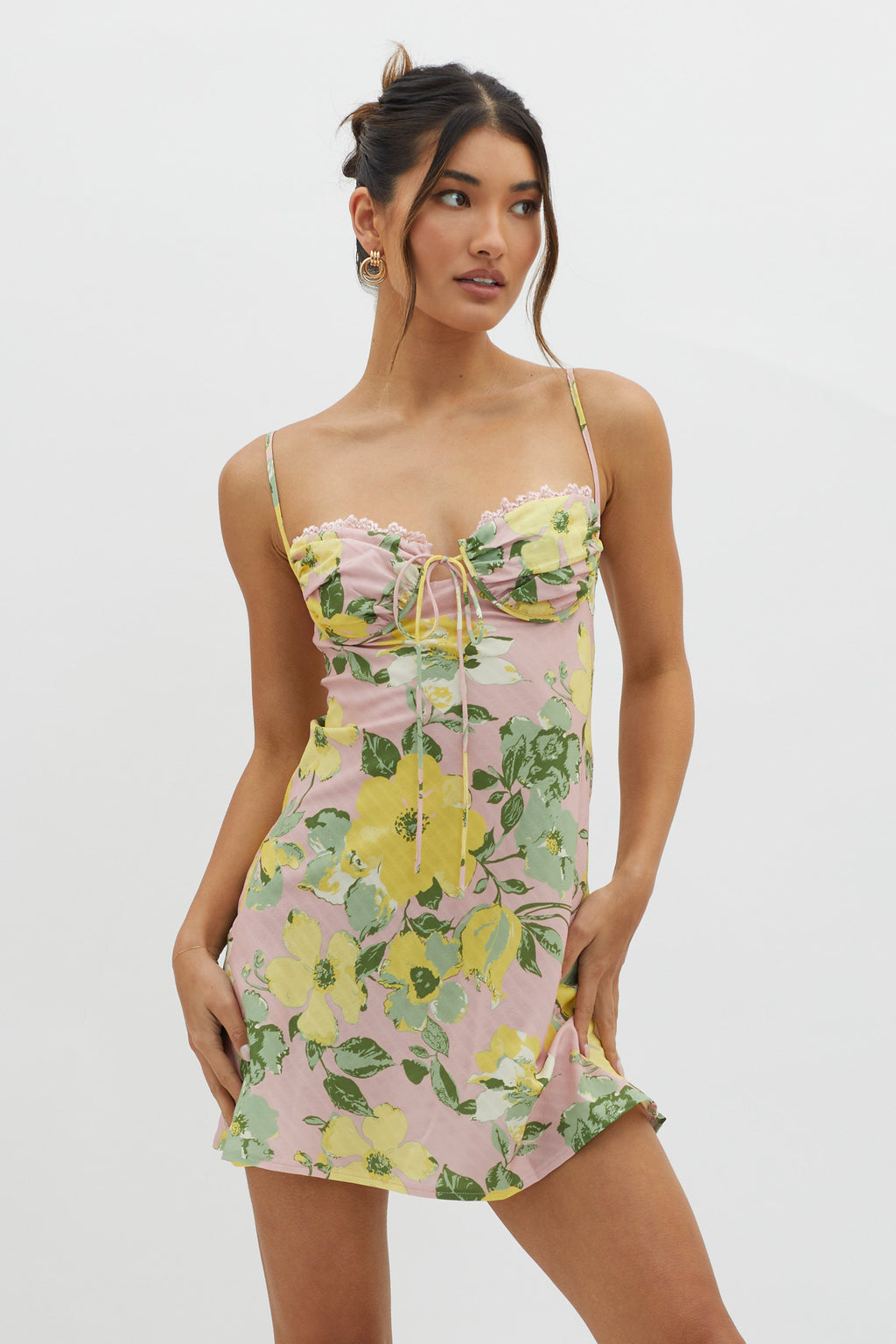Fortune Lace Trim Bust Tie Mini Dress Floral Pink by Selfie Leslie