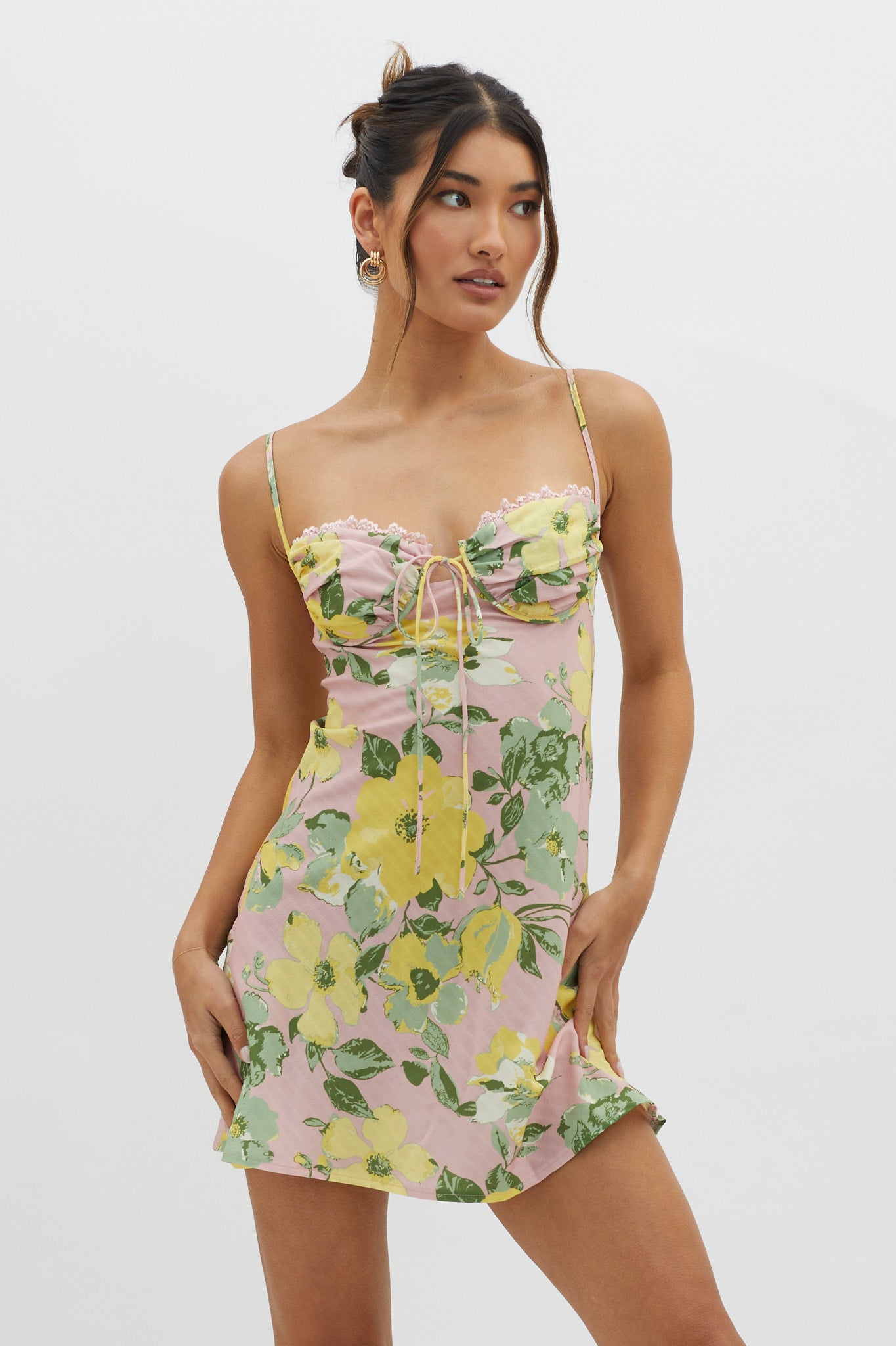 Fortune Lace Trim Bust Tie Mini Dress Floral Pink by Selfie Leslie