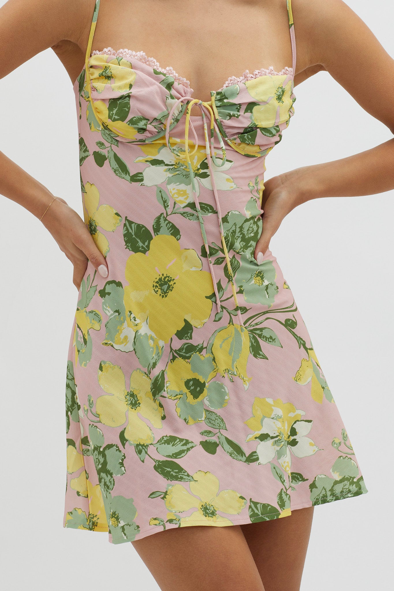 Fortune Lace Trim Bust Tie Mini Dress Floral Pink by Selfie Leslie