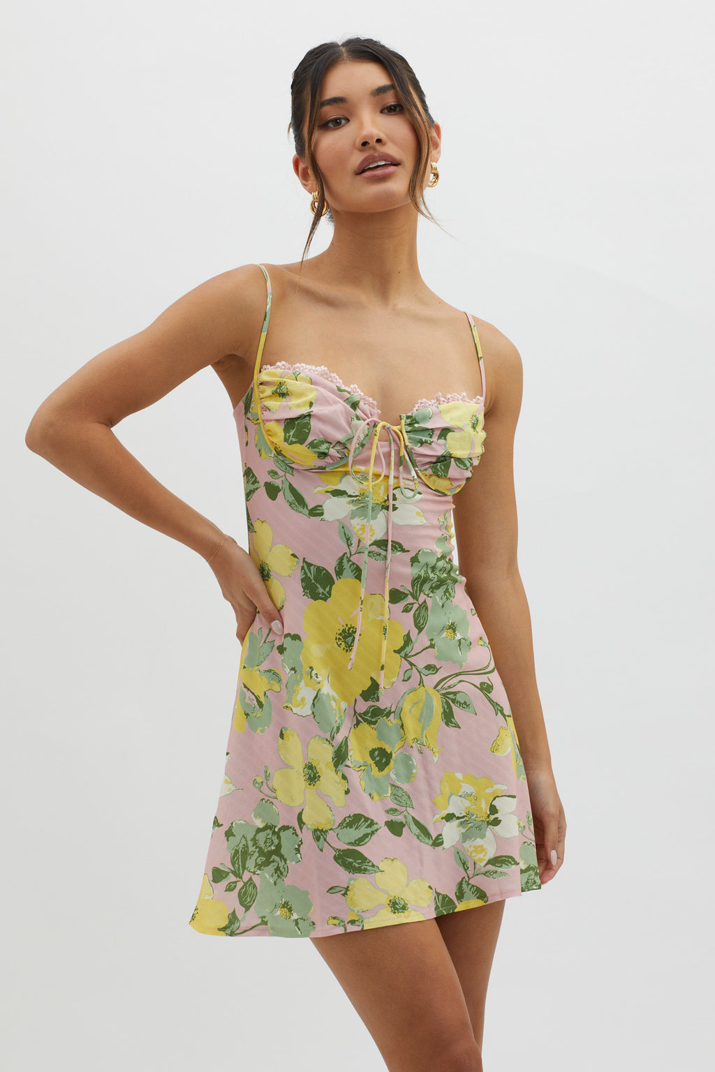 Fortune Lace Trim Bust Tie Mini Dress Floral Pink by Selfie Leslie