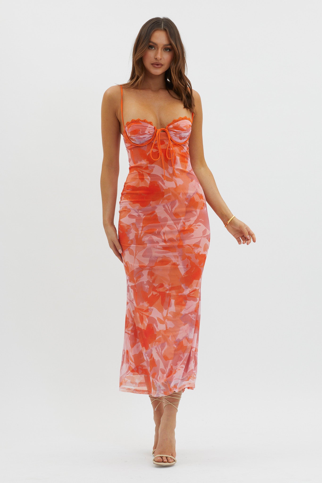 Fortune Lace Trim Mesh Maxi Dress Orange by Selfie Leslie