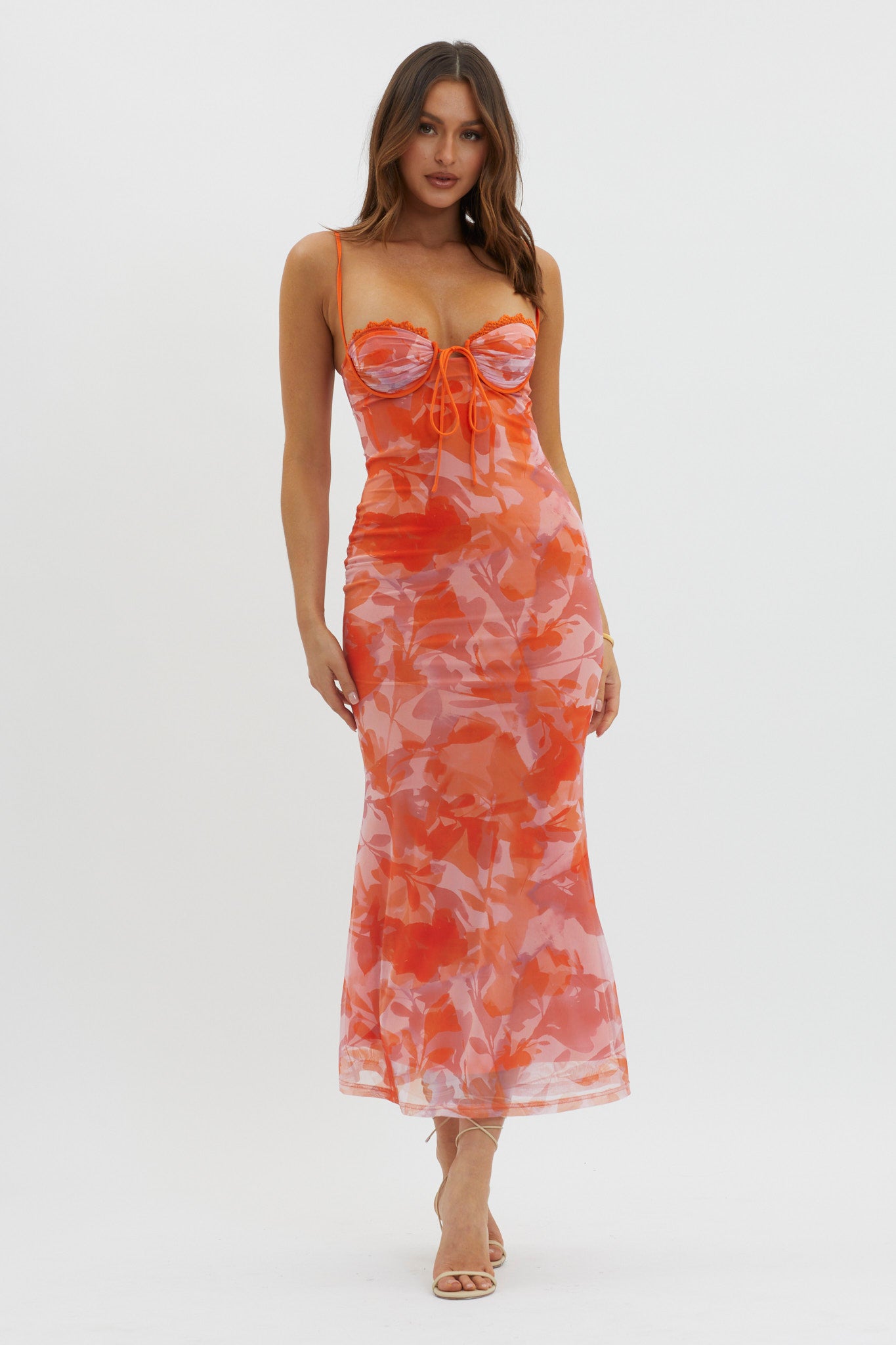 Fortune Lace Trim Mesh Maxi Dress Orange by Selfie Leslie