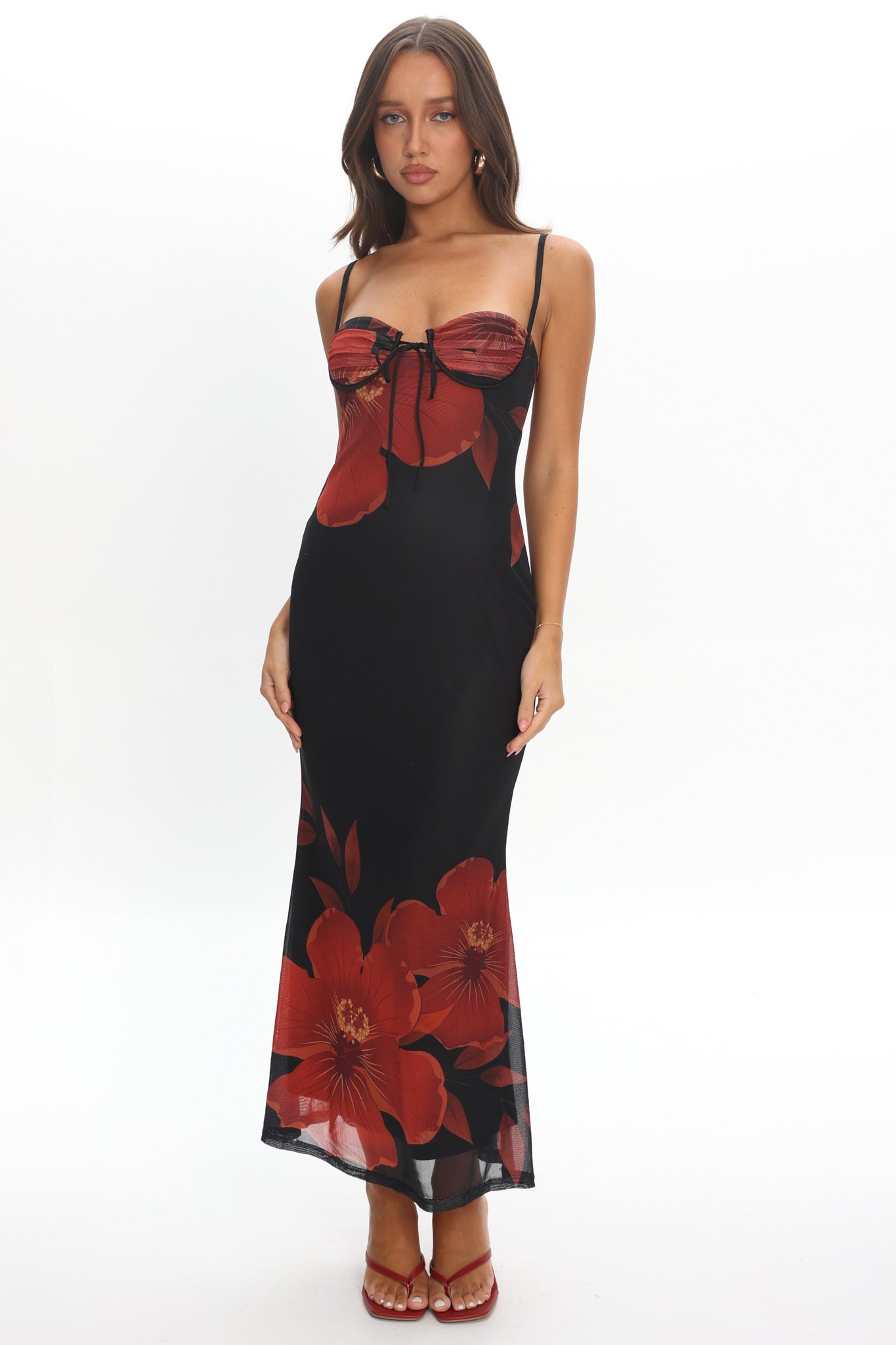 Fortune Bust Tie Maxi Dress Hibiscus Black - S