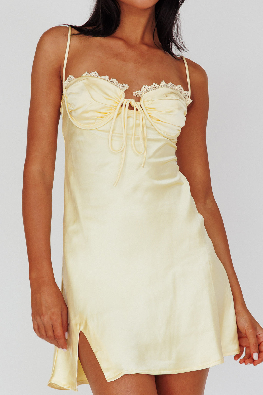 Fortune Lace Trim Bust Tie Mini Dress Butter by Selfie Leslie