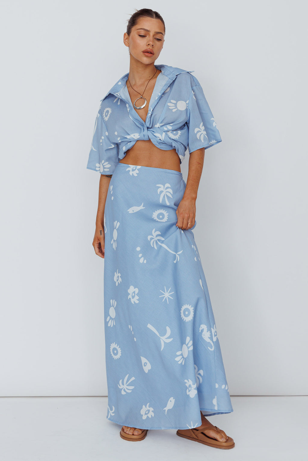 Light Aura Maxi Skirt Print Blue White by Selfie Leslie