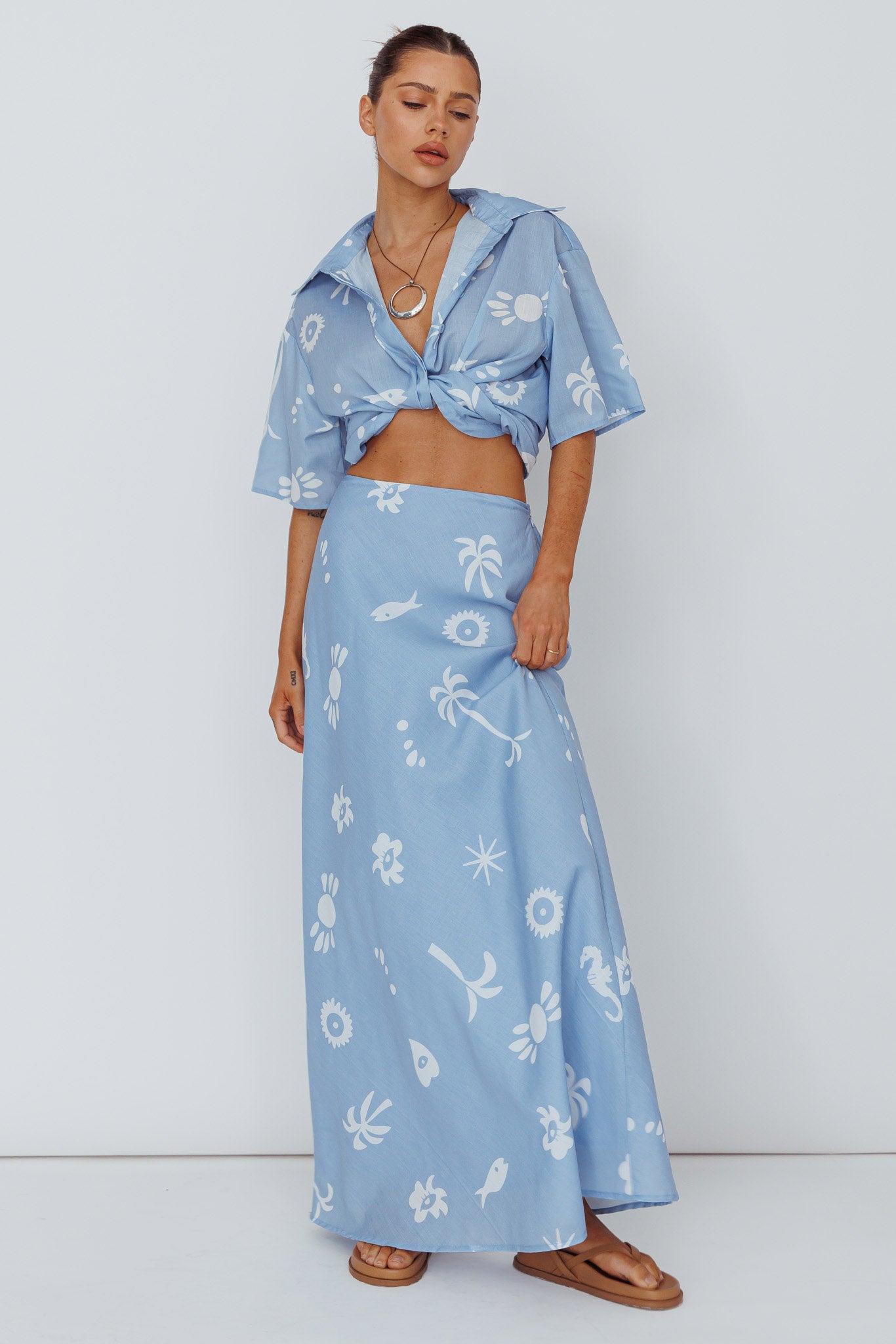 Light Aura Maxi Skirt Print Blue White by Selfie Leslie
