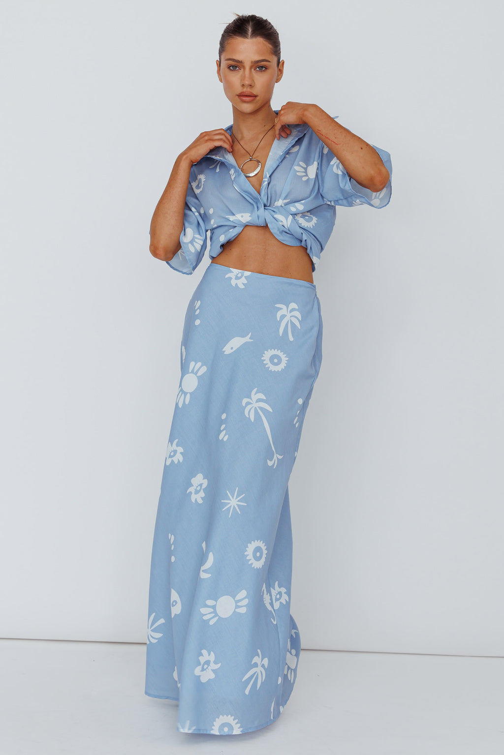 Light Aura Maxi Skirt Print Blue White by Selfie Leslie
