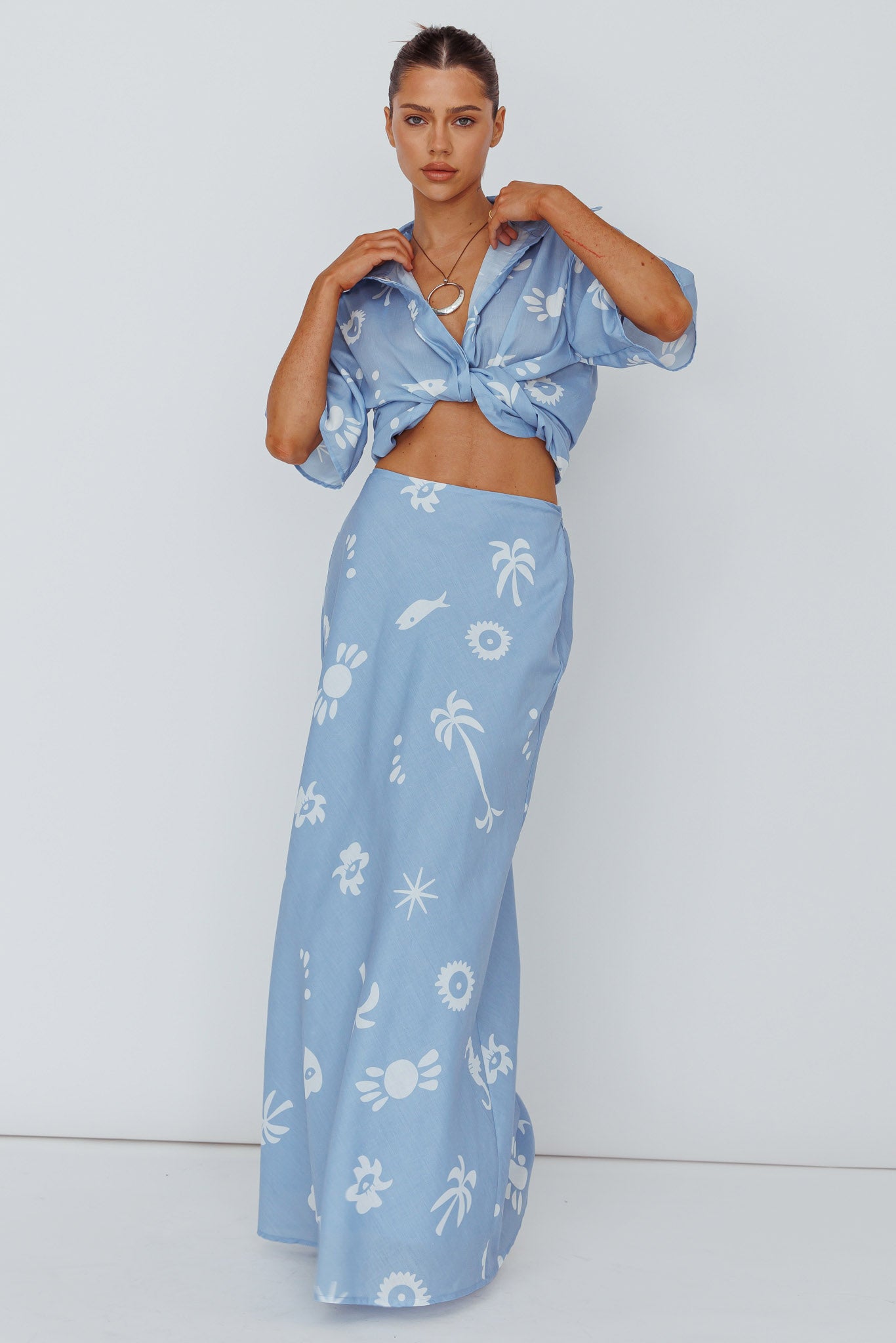 Light Aura Maxi Skirt Print Blue White by Selfie Leslie