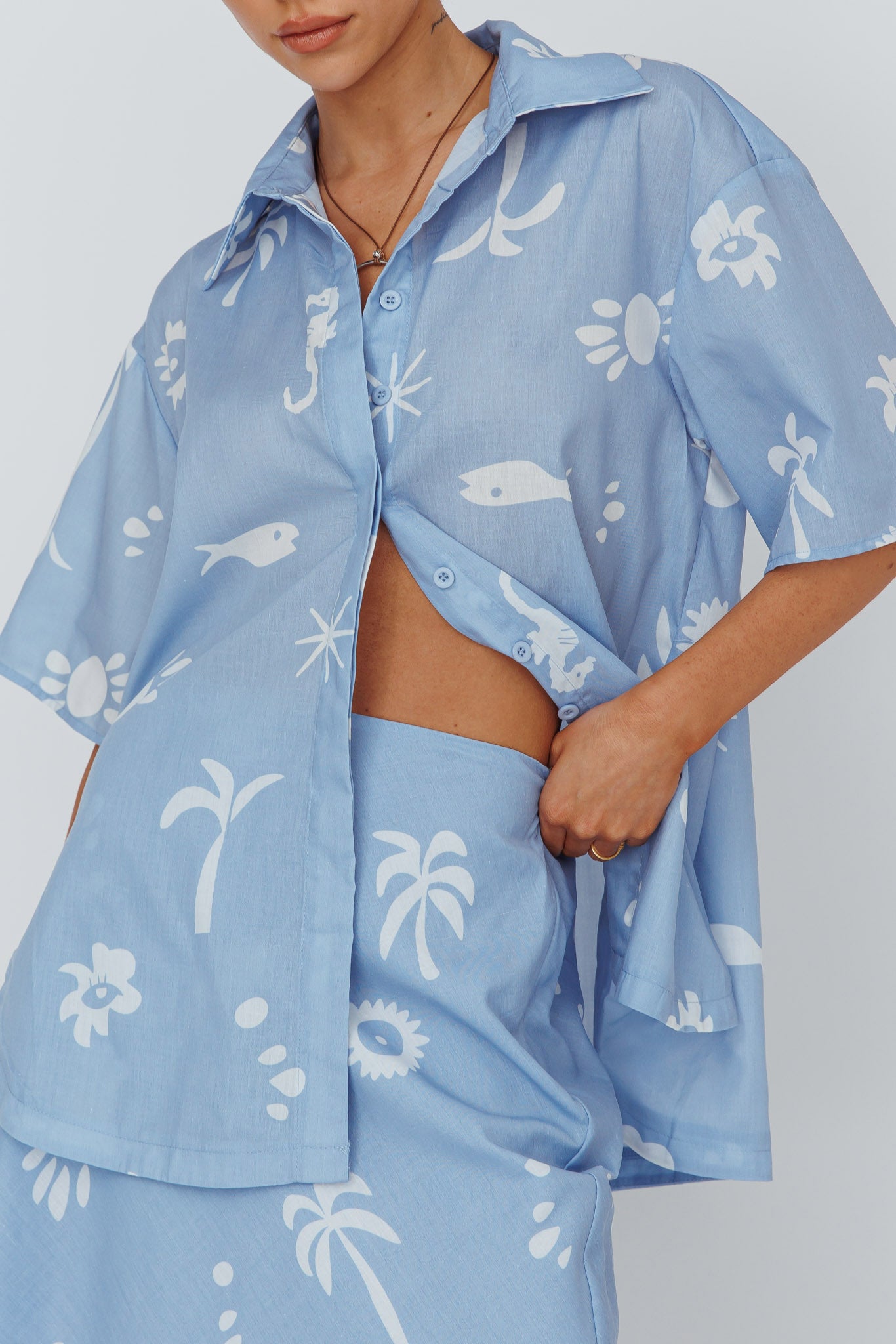 Light Aura Button Up Shirt Print Blue White by Selfie Leslie