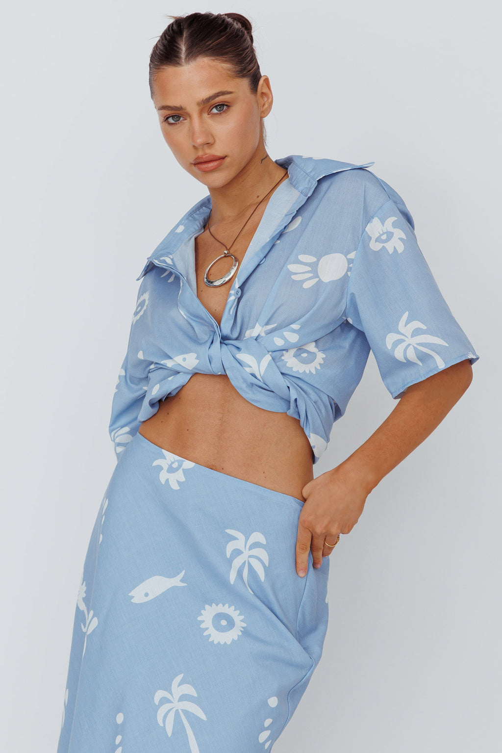 Light Aura Button Up Shirt Print Blue White by Selfie Leslie
