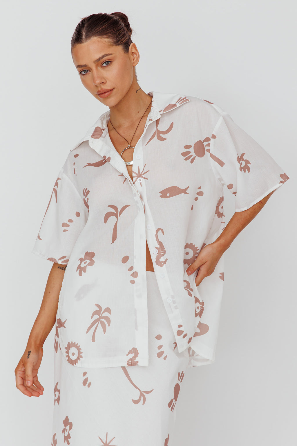 Light Aura Button Up Shirt Print White Tan by Selfie Leslie