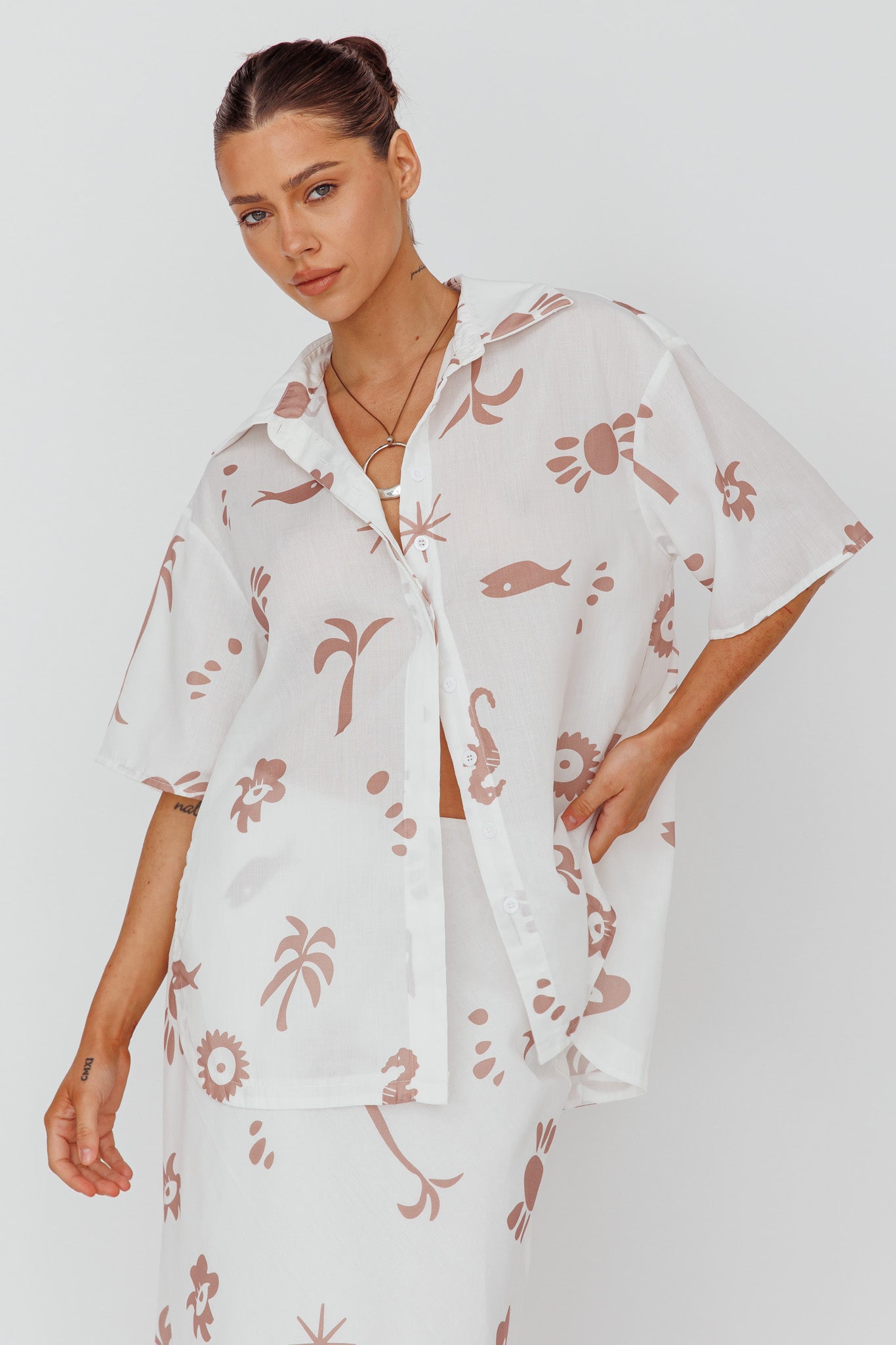 Light Aura Button Up Shirt Print White Tan by Selfie Leslie