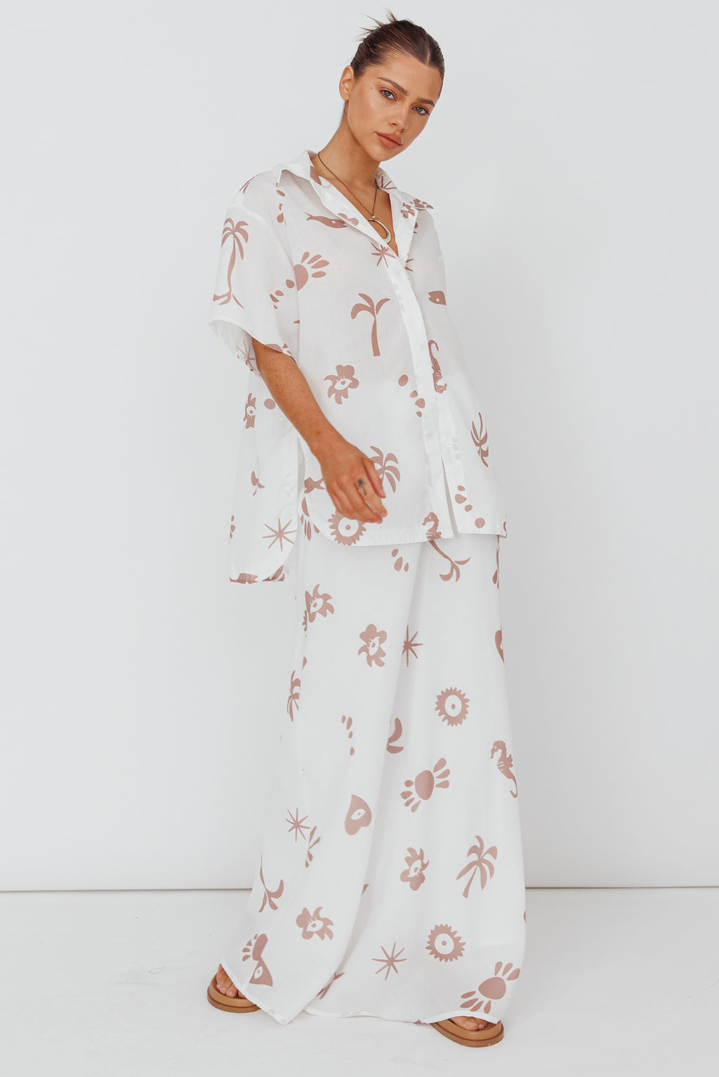 Light Aura Button Up Shirt Print White Tan by Selfie Leslie