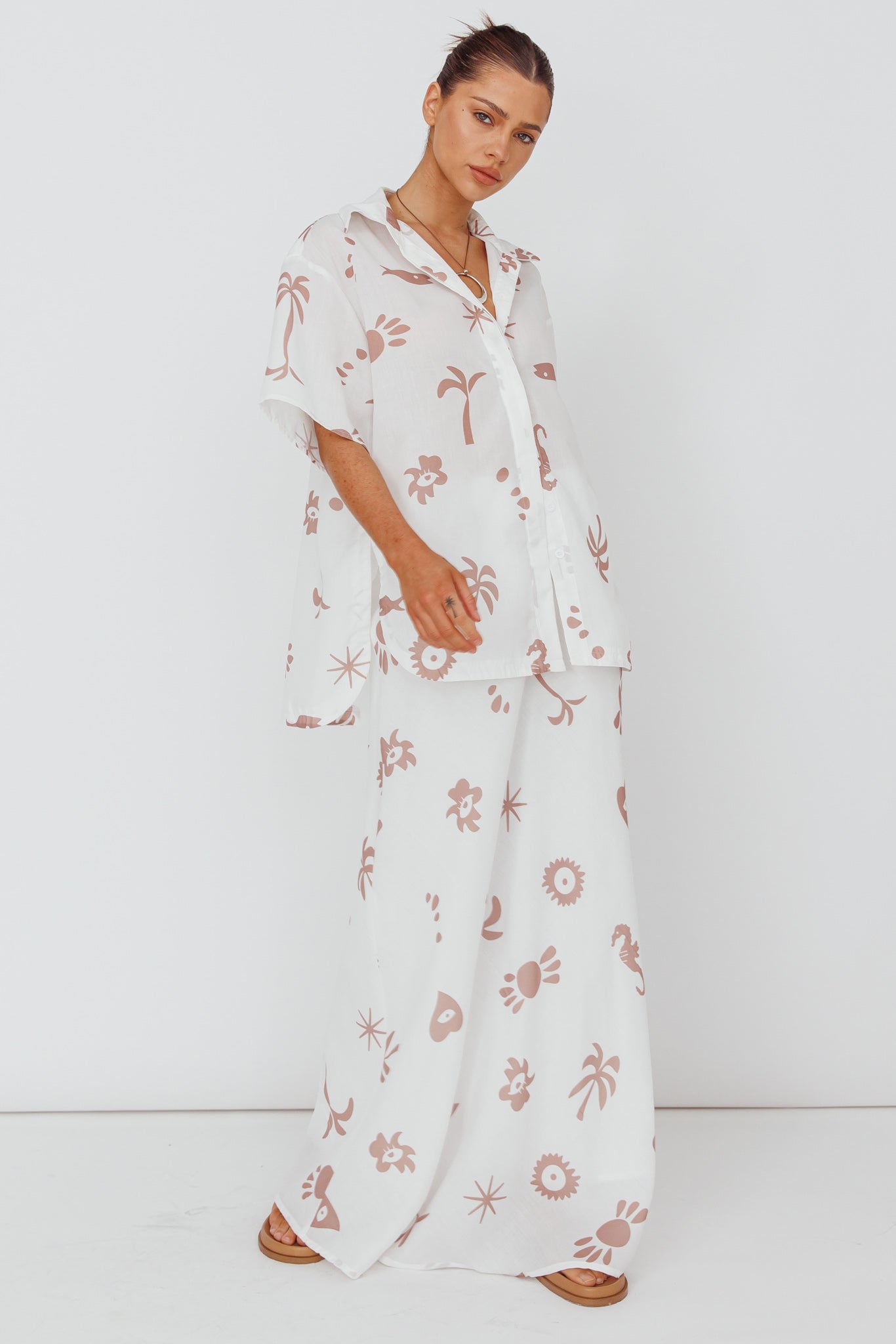 Light Aura Button Up Shirt Print White Tan by Selfie Leslie