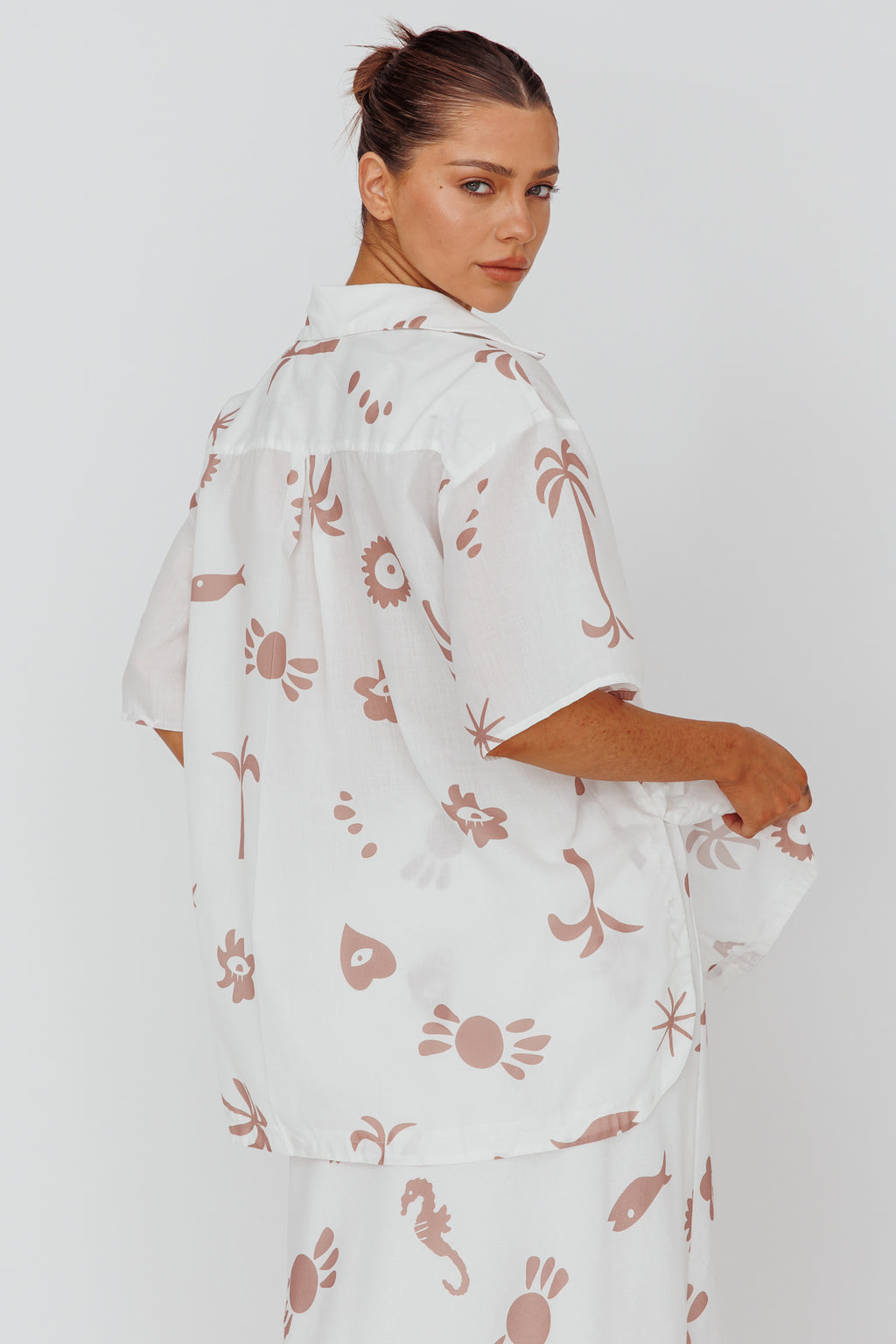 Light Aura Button Up Shirt Print White Tan by Selfie Leslie