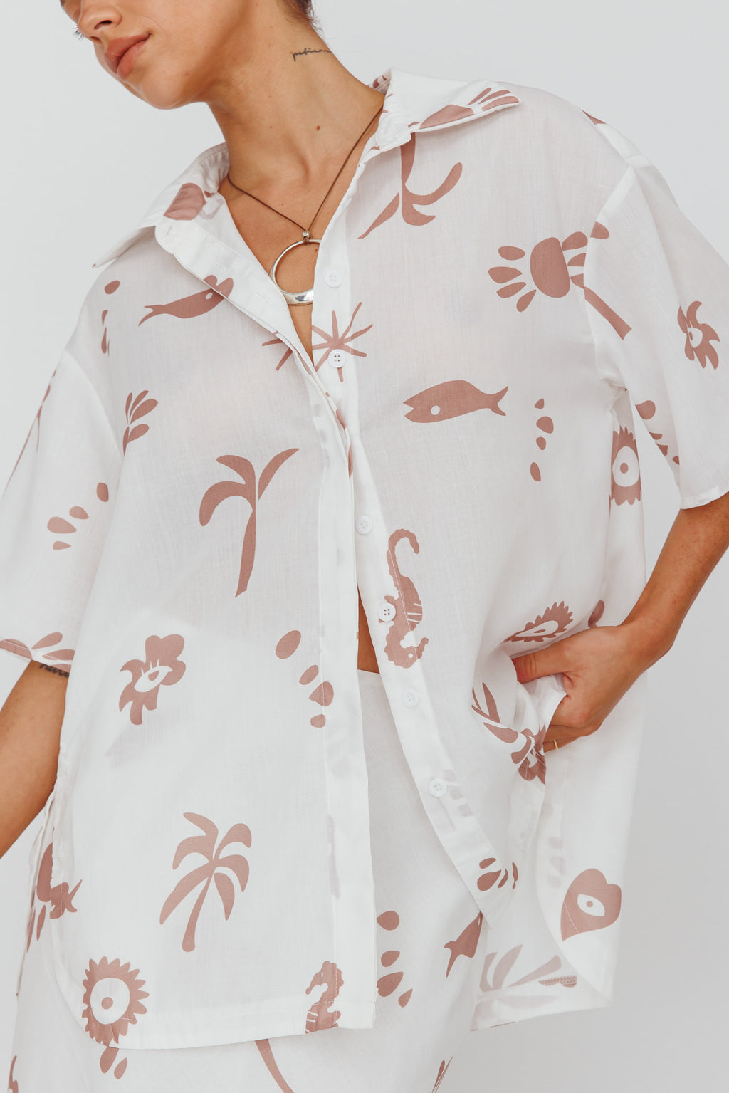Light Aura Button Up Shirt Print White Tan by Selfie Leslie