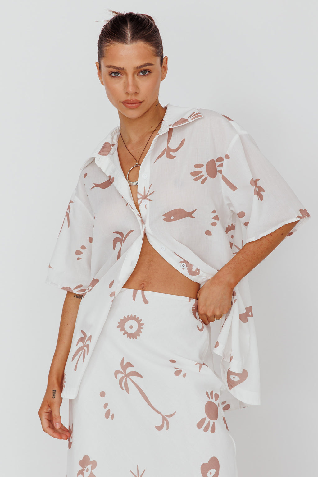 Light Aura Button Up Shirt Print White Tan by Selfie Leslie