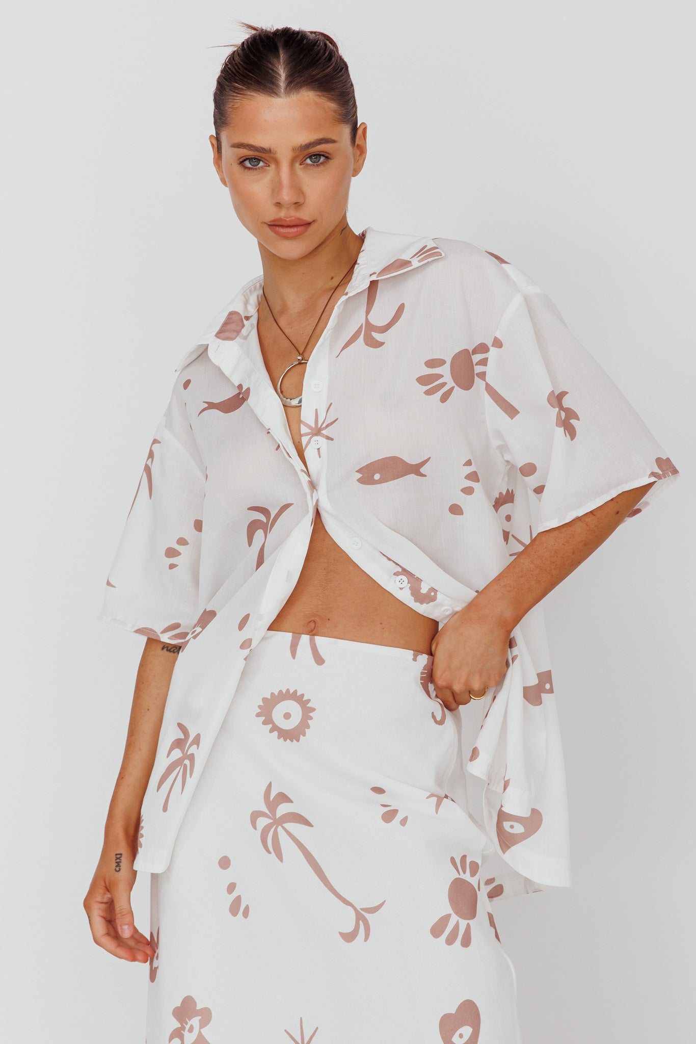 Light Aura Button Up Shirt Print White Tan by Selfie Leslie
