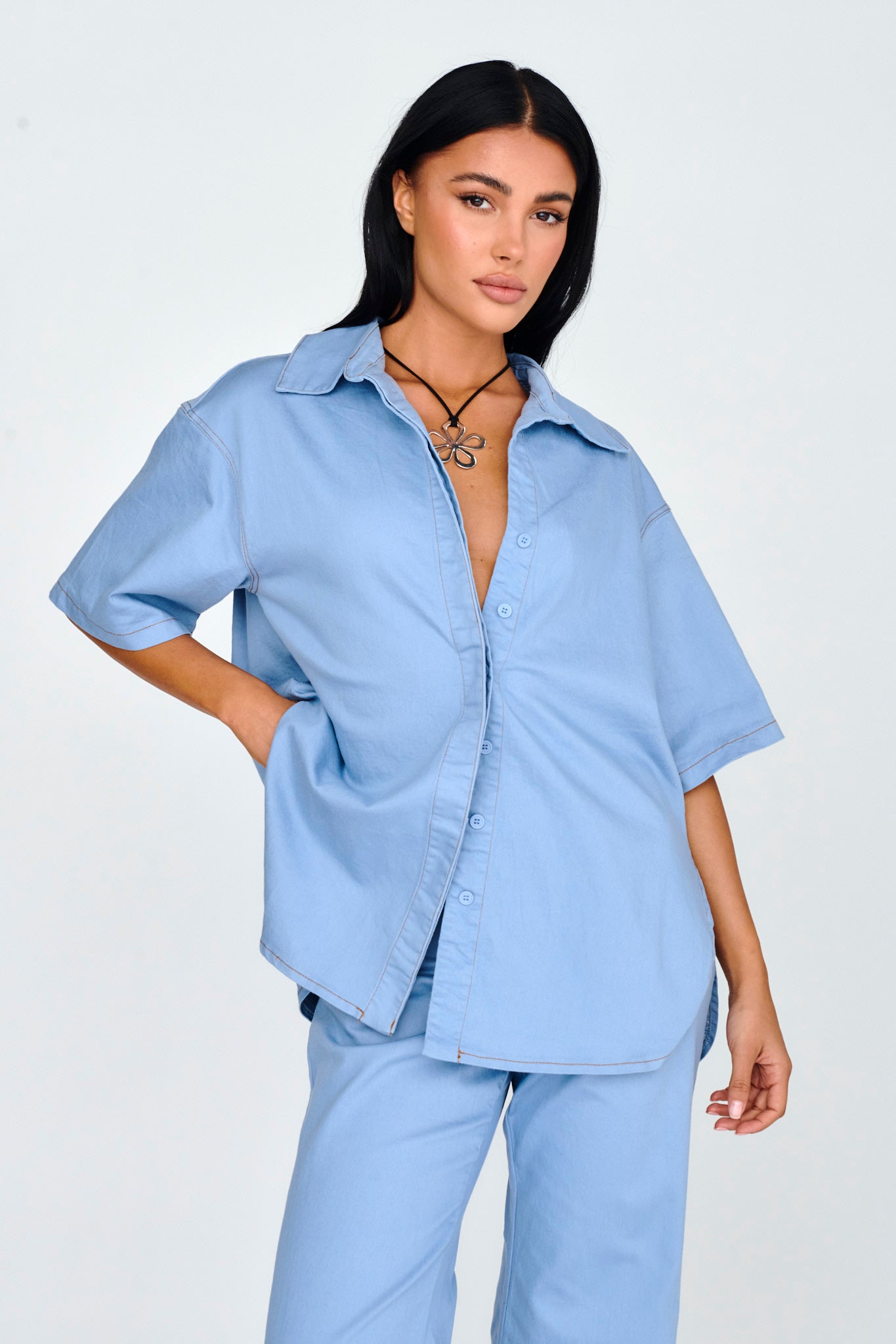 Light Aura Button Up Shirt Denim Blue by Selfie Leslie