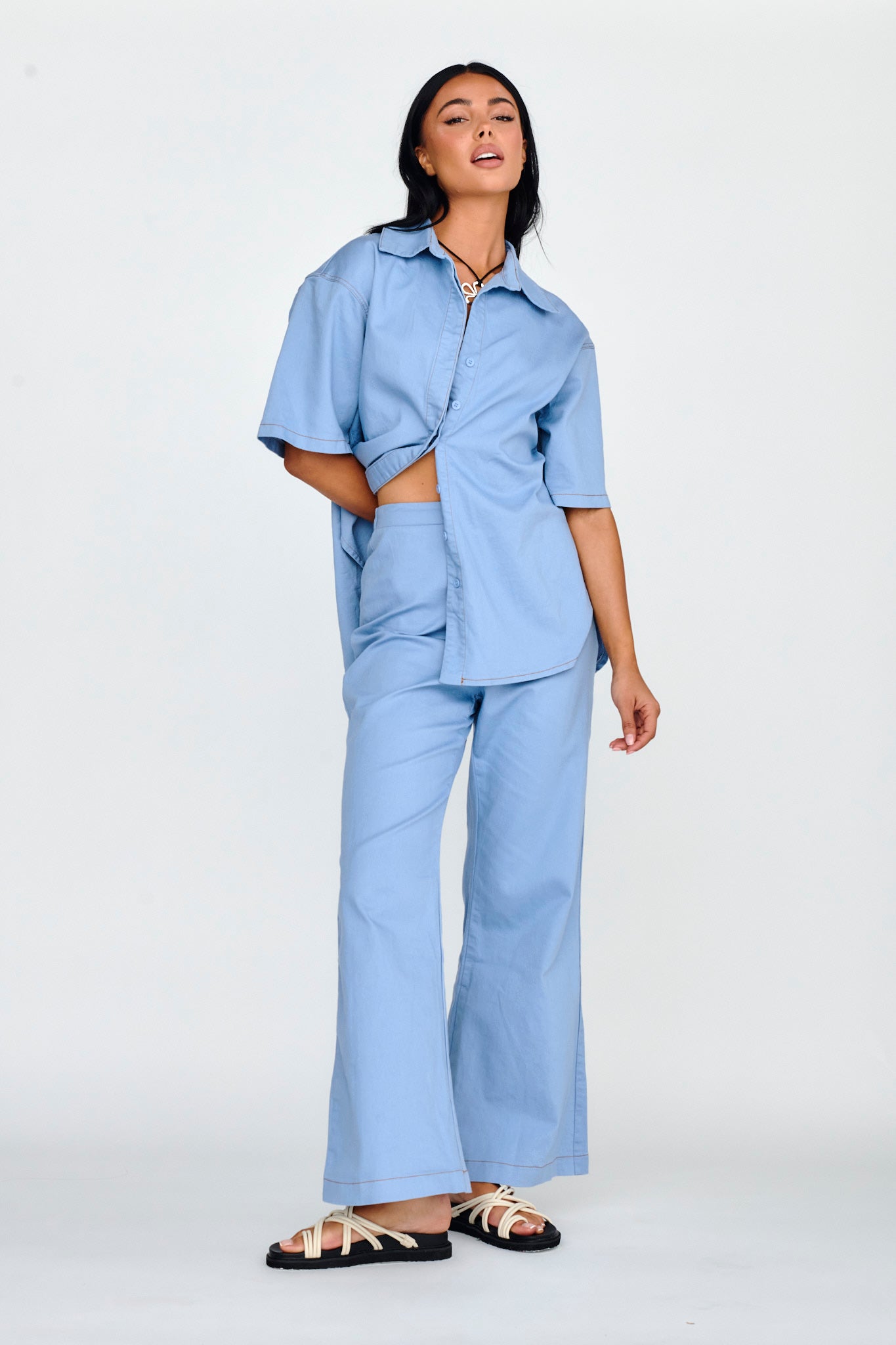 Light Aura Button Up Shirt Denim Blue by Selfie Leslie
