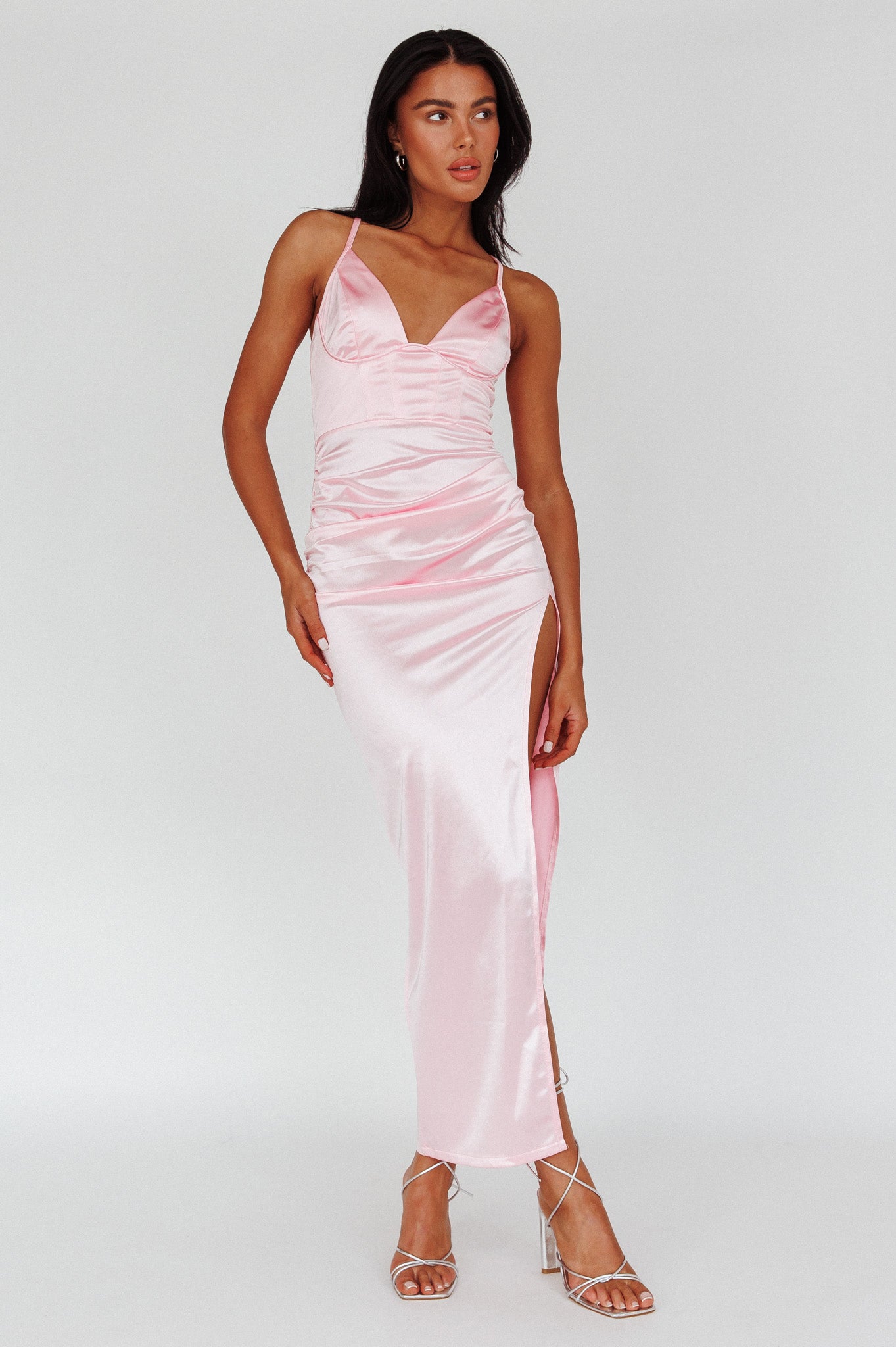 Cierra Thigh Split Maxi Dress Baby Pink by Selfie Leslie