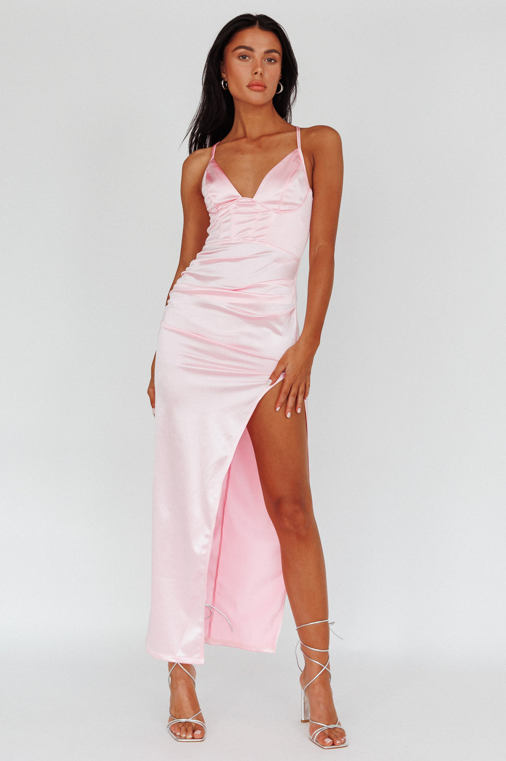Cierra Thigh Split Maxi Dress Baby Pink by Selfie Leslie