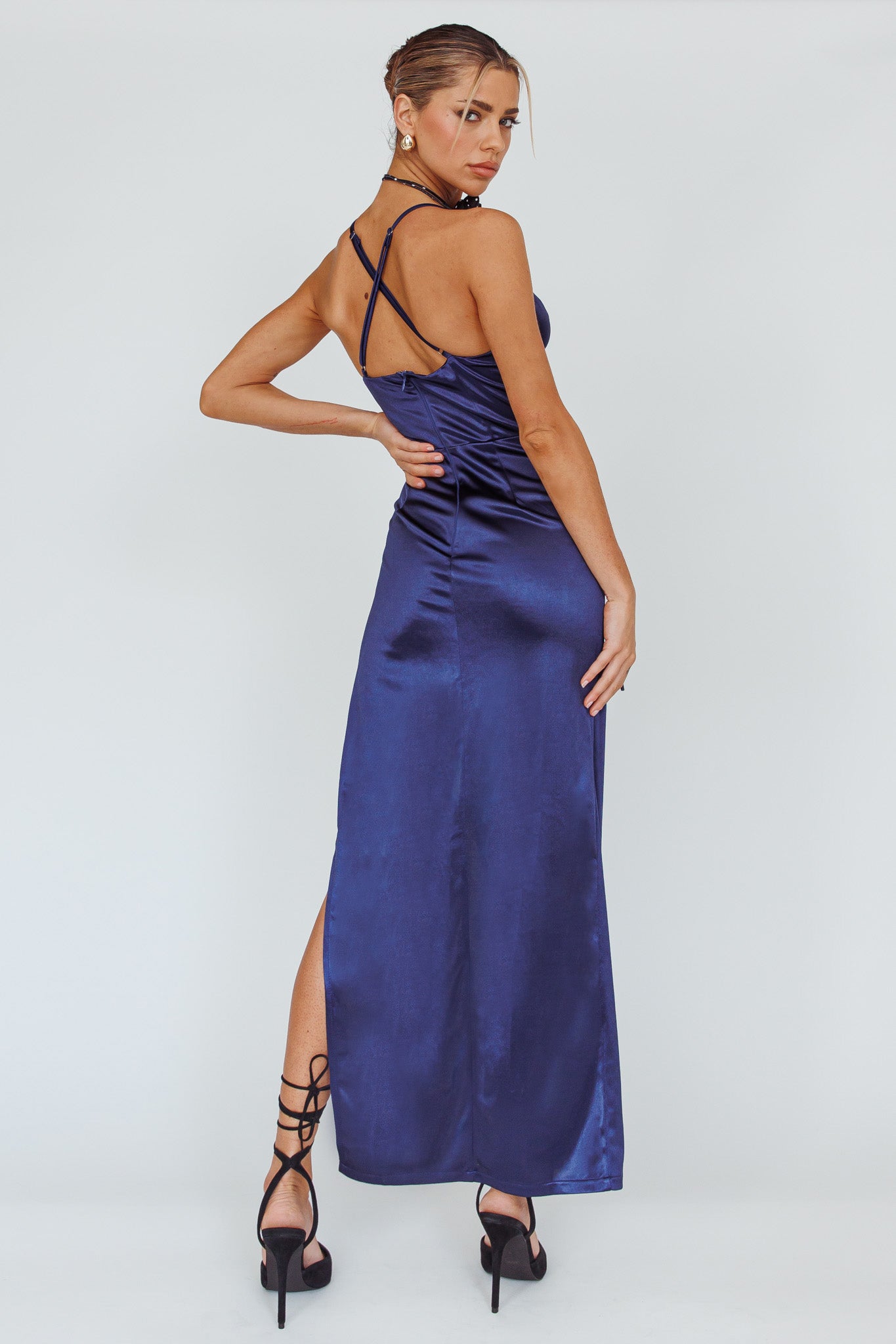 Cierra Thigh Split Maxi Dress Navy by Selfie Leslie