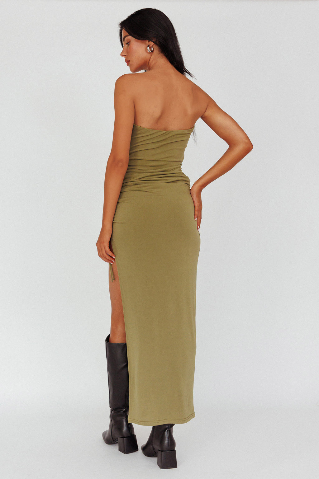 Affections Drawstring Ruched Split Maxi Dress Khaki by Selfie Leslie