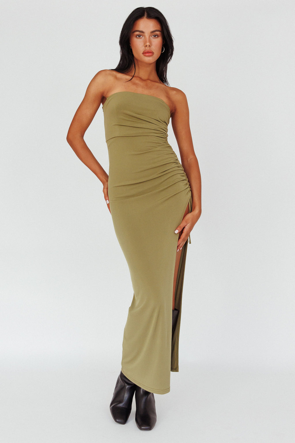 Affections Drawstring Ruched Split Maxi Dress Khaki by Selfie Leslie