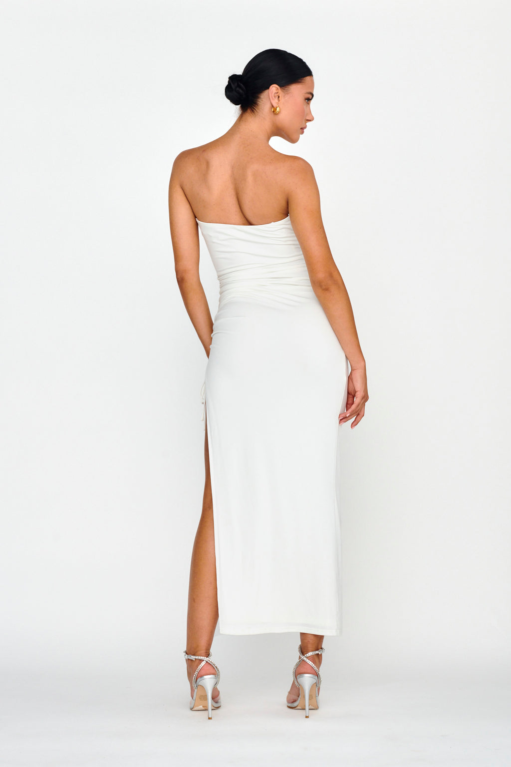 Affections Drawstring Ruched Split Maxi Dress White by Selfie Leslie