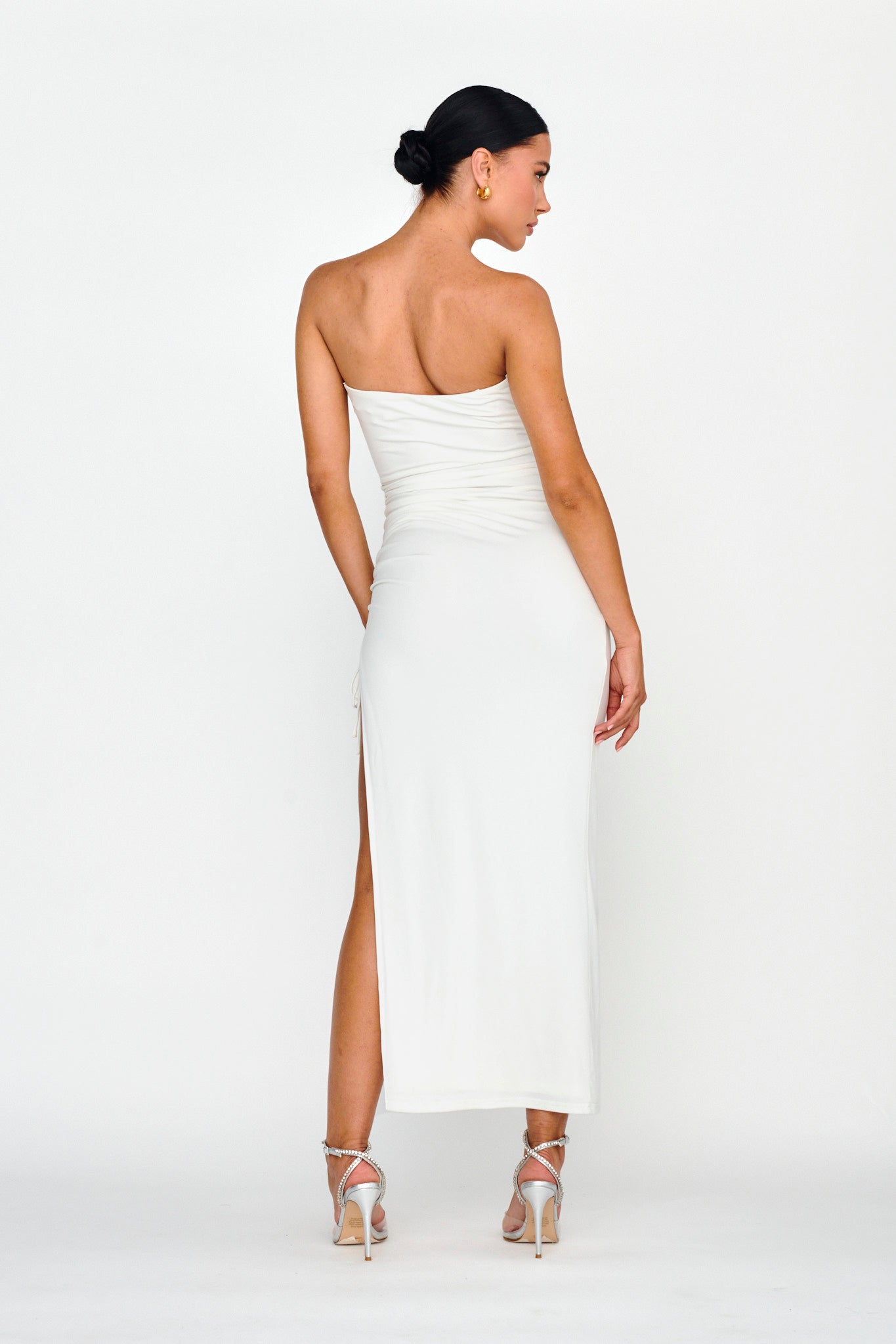 Affections Drawstring Ruched Split Maxi Dress White by Selfie Leslie