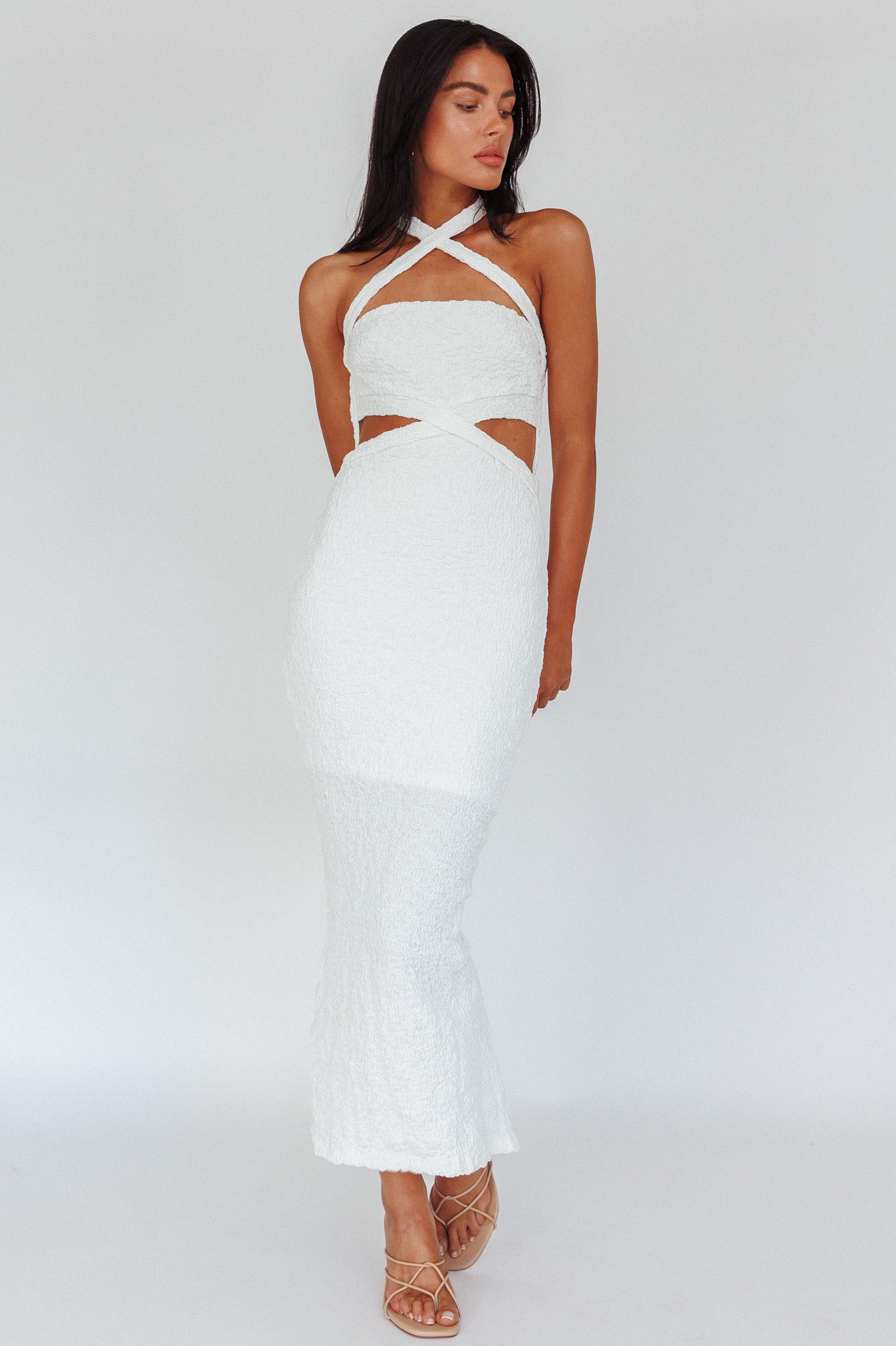 Zadriana Halterneck Textured Midi Dress White by Selfie Leslie