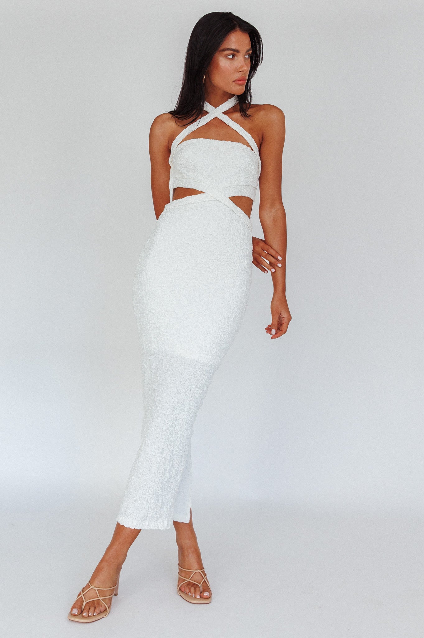 Zadriana Halterneck Textured Midi Dress White by Selfie Leslie