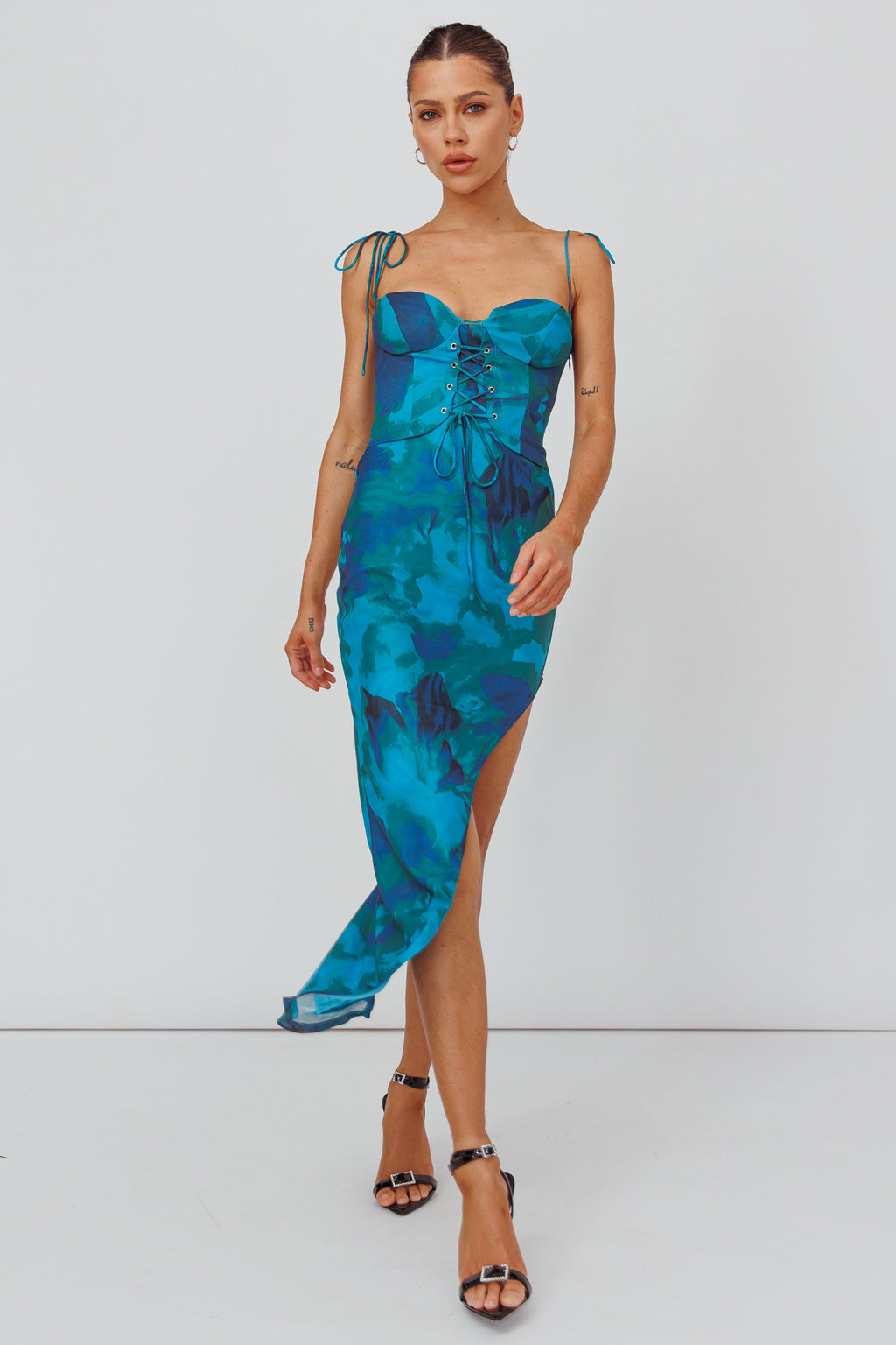 Gabrielle Laced Bodice Midi Dress Floral Green by Selfie Leslie