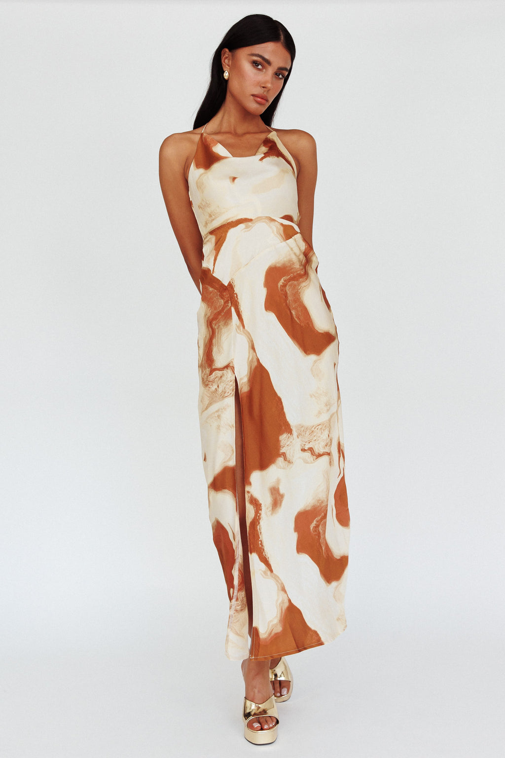Marcello Cowl Halterneck Midi Dress Marble Brown by Selfie Leslie