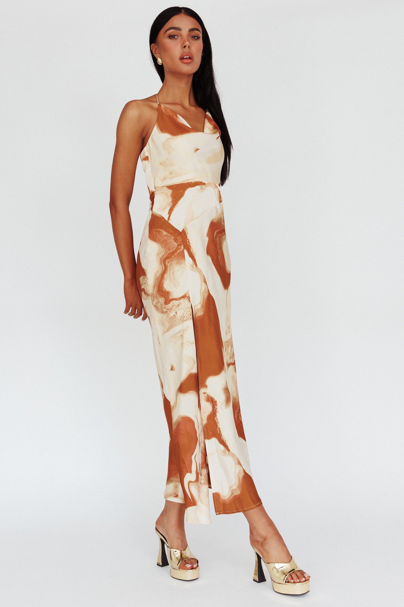 Marcello Cowl Halterneck Midi Dress Marble Brown by Selfie Leslie