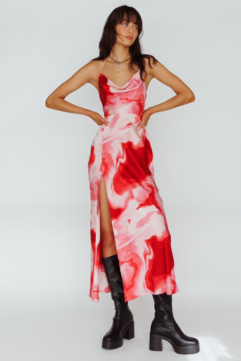 Marcello Cowl Halterneck Midi Dress Marble Red by Selfie Leslie