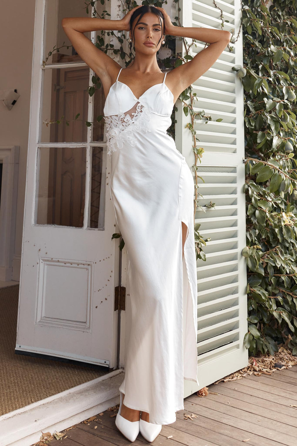 Roxana Applique Trim Split Maxi Dress White by Selfie Leslie
