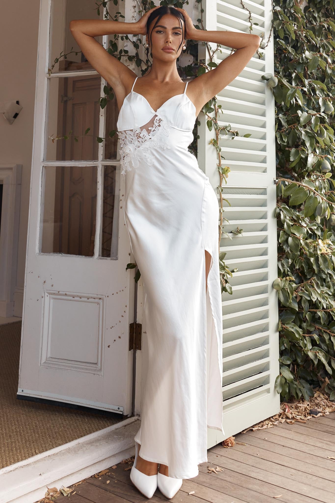 Roxana Applique Trim Split Maxi Dress White by Selfie Leslie
